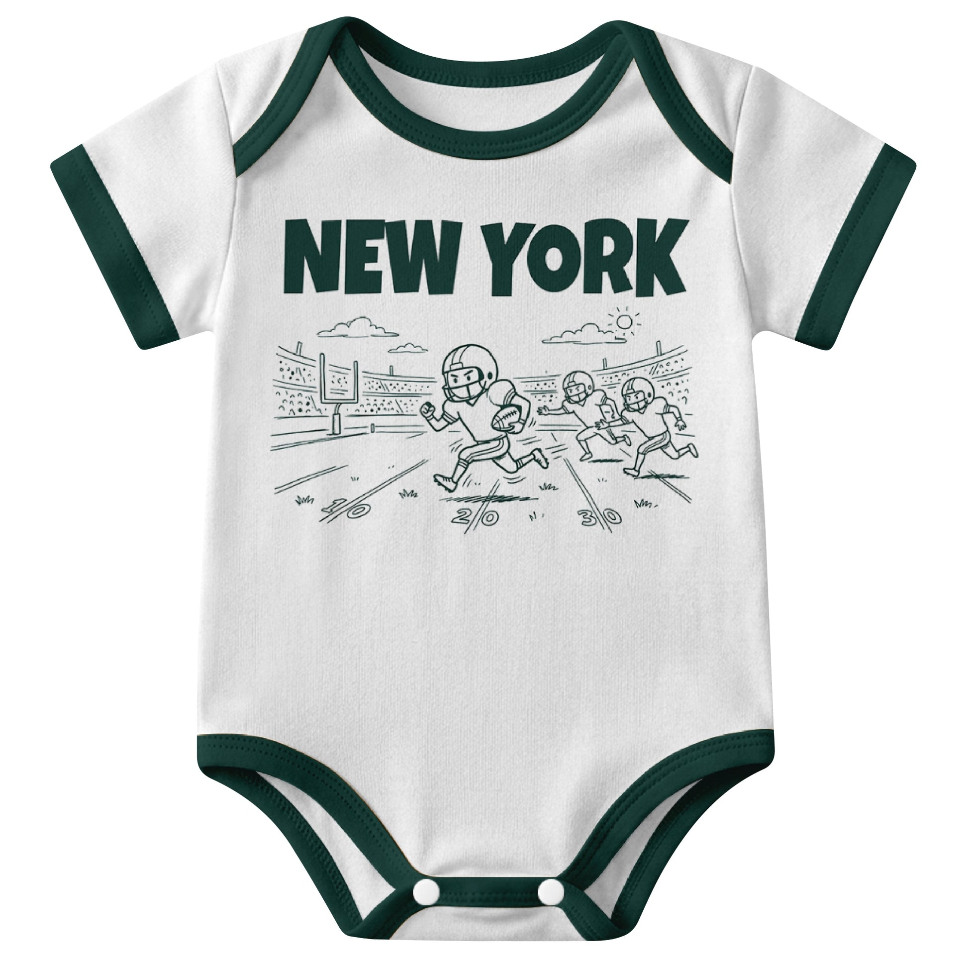 New York Green White baby football bodysuit front view with city lettering and football field action graphic
