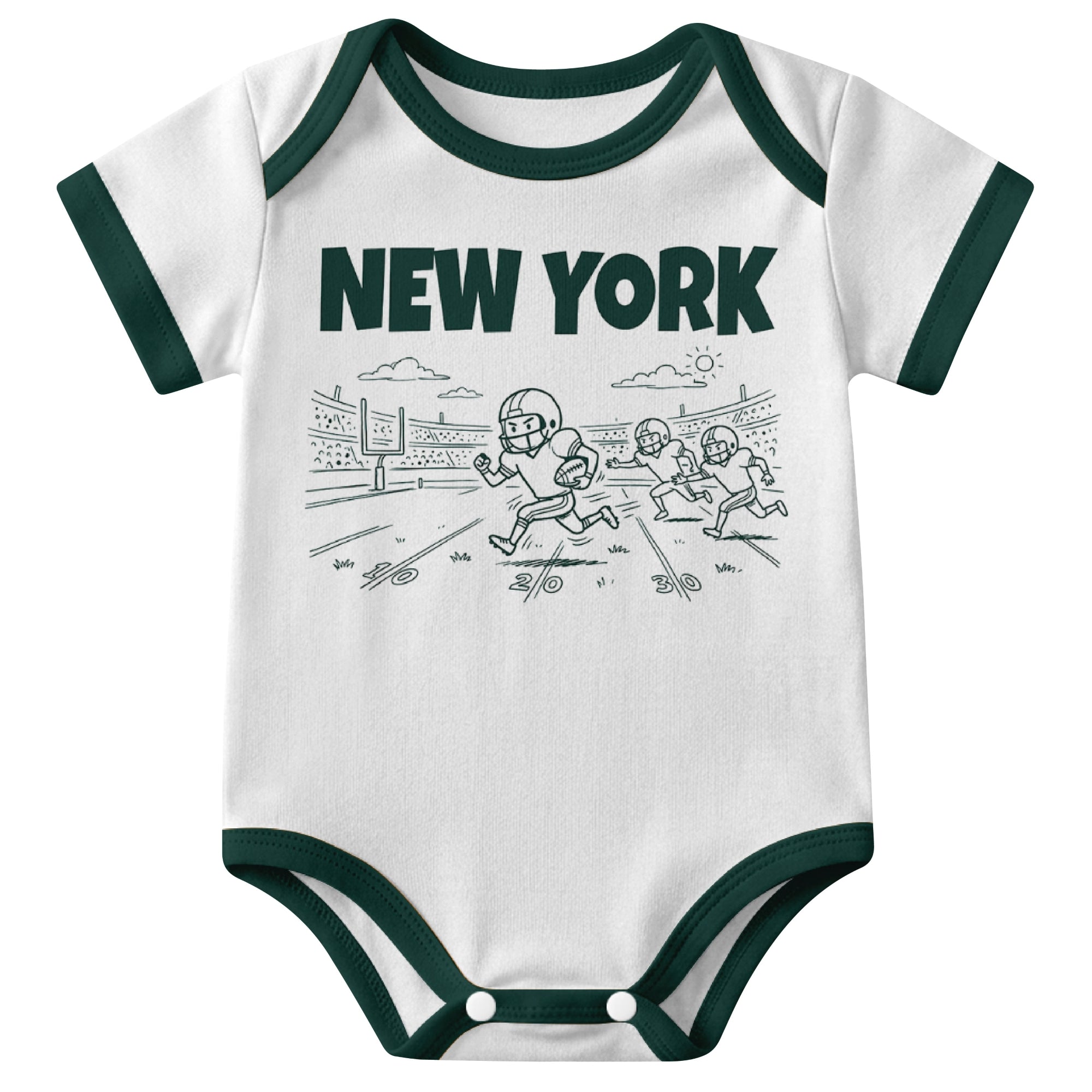 New York Green White baby football bodysuit front view with city lettering and football field action graphic