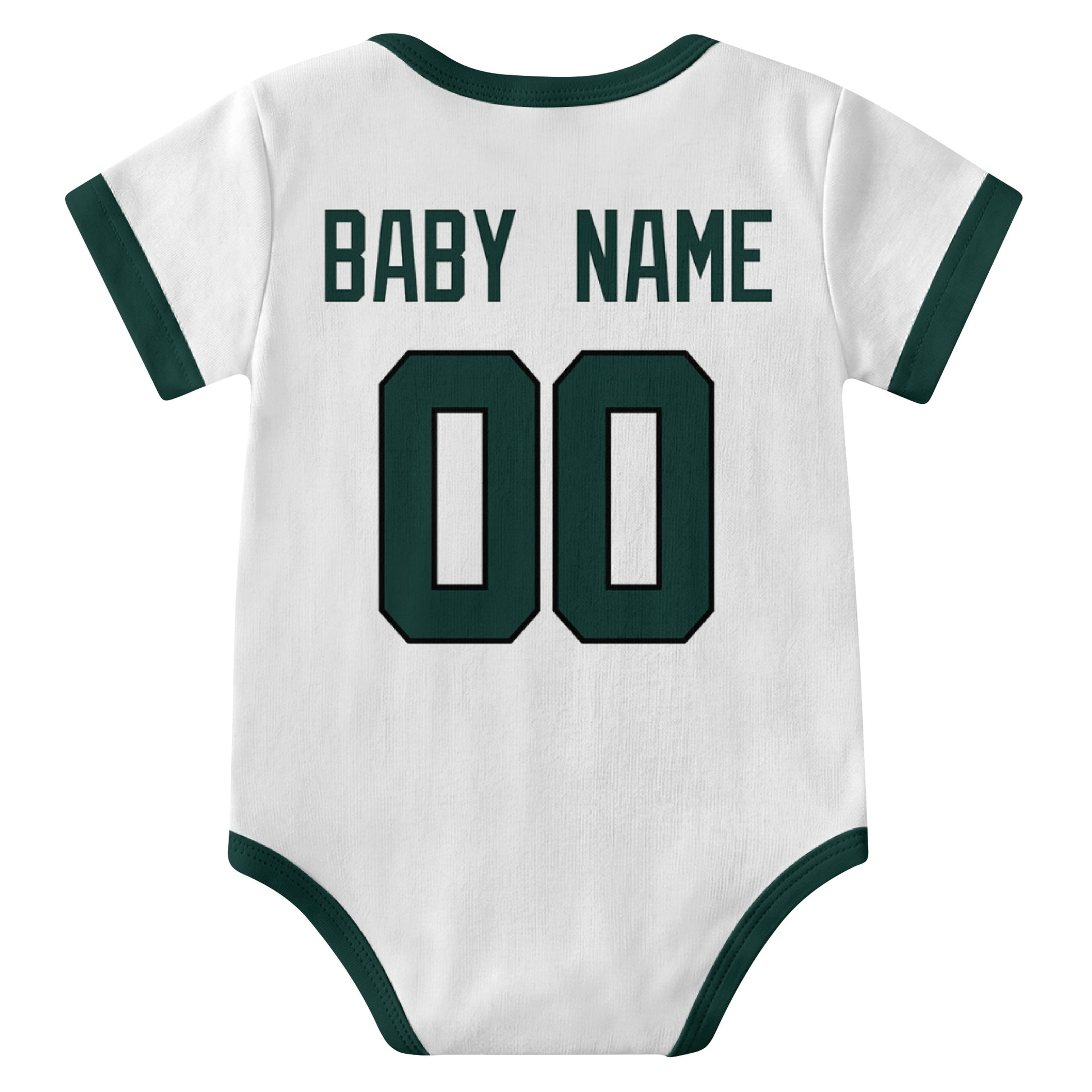 New York Green White personalized baby football bodysuit back view with custom baby name and jersey number