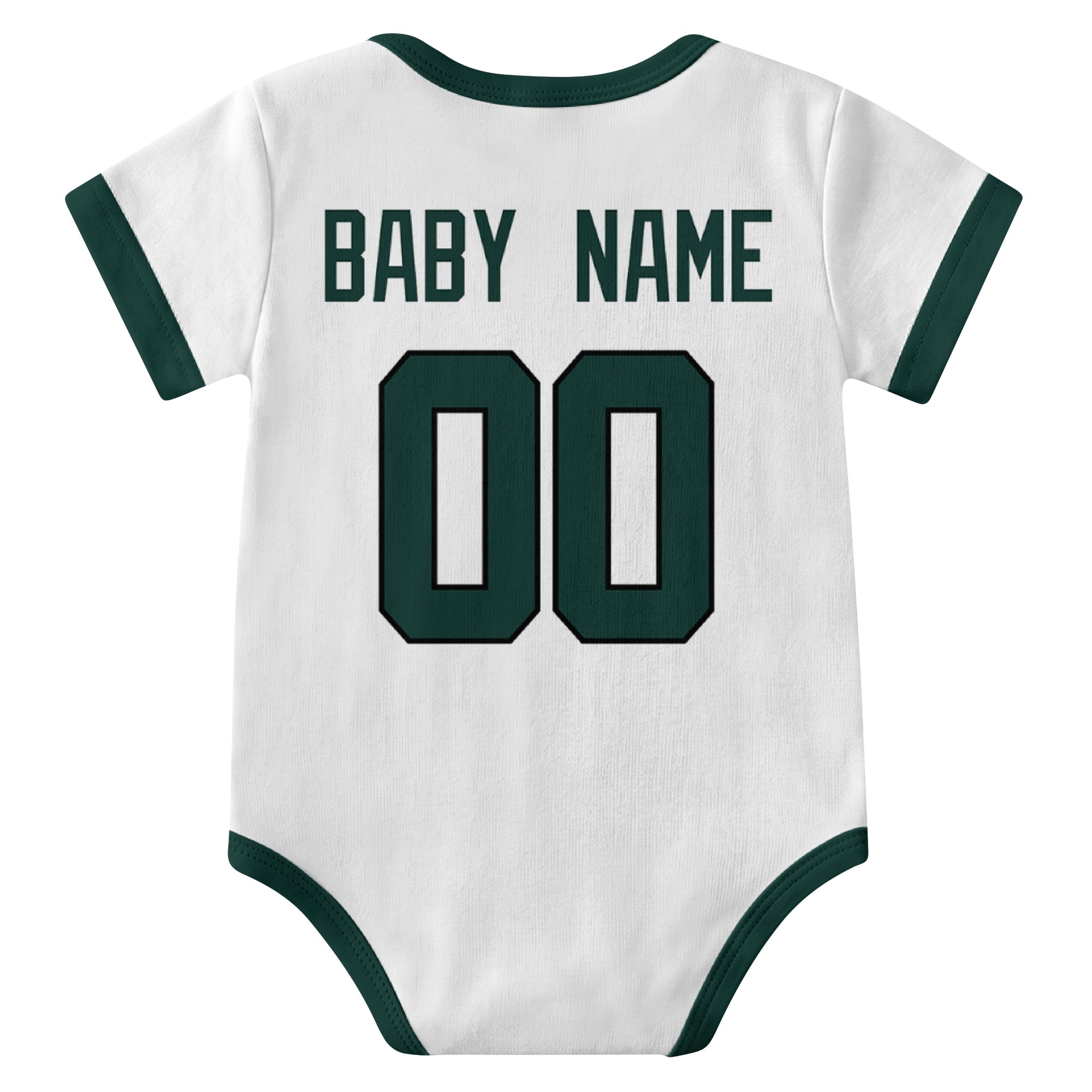 New York Green White personalized baby football bodysuit back view with custom baby name and jersey number