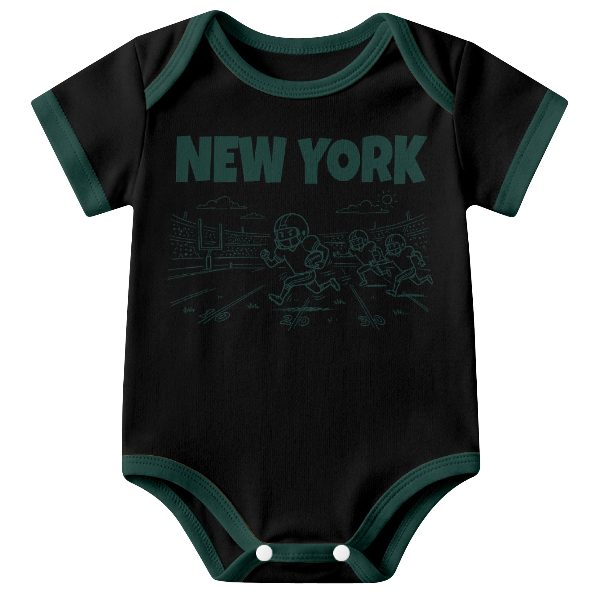 New York Green Black baby football bodysuit front view with city lettering and football field action graphic