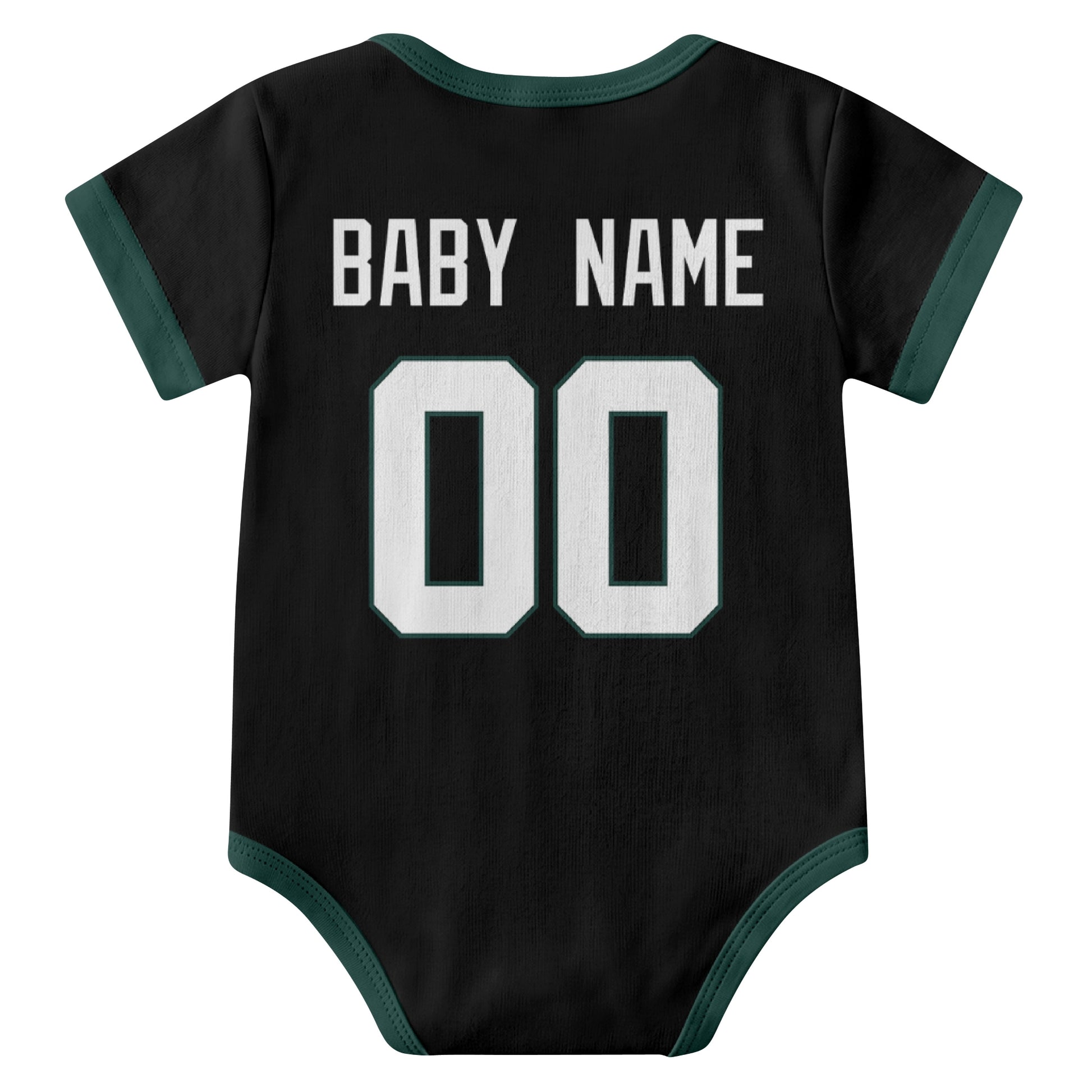 New York Green Black personalized baby football bodysuit back view with custom baby name and jersey number