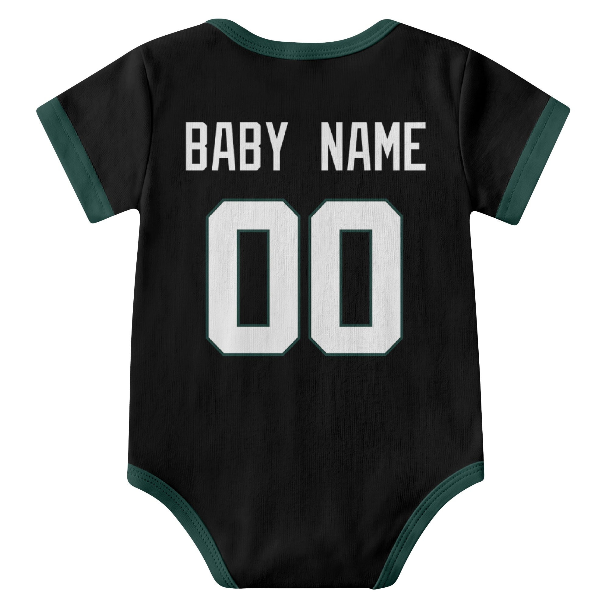 New York Green Black personalized baby football bodysuit back view with custom baby name and jersey number
