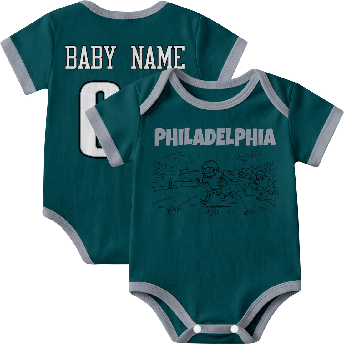 Philadelphia personalized baby football bodysuit in Midnight Green showing front field action scene and back custom baby name and number