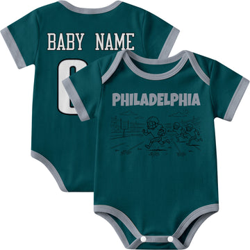 Philadelphia personalized baby football bodysuit in Midnight Green showing front field action scene and back custom baby name and number