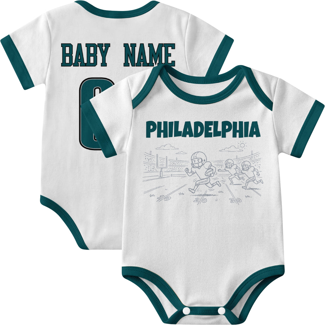 Philadelphia personalized baby football bodysuit in Midnight Green showing front field action scene and back custom baby name and number