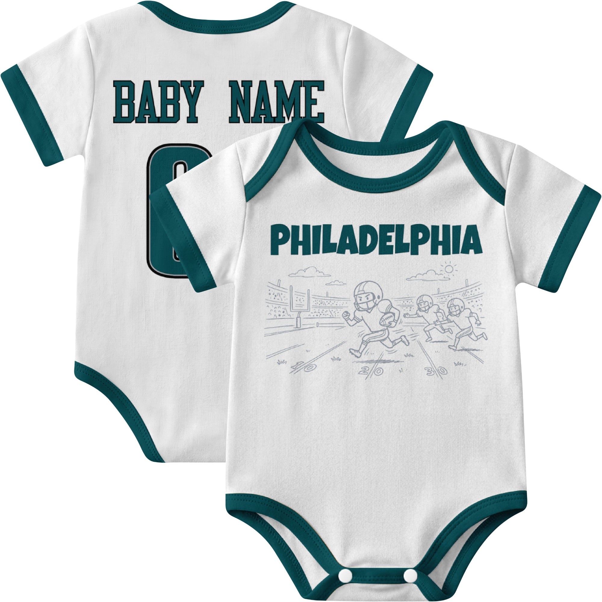 Philadelphia personalized baby football bodysuit in White showing front field action scene and back custom baby name and number
