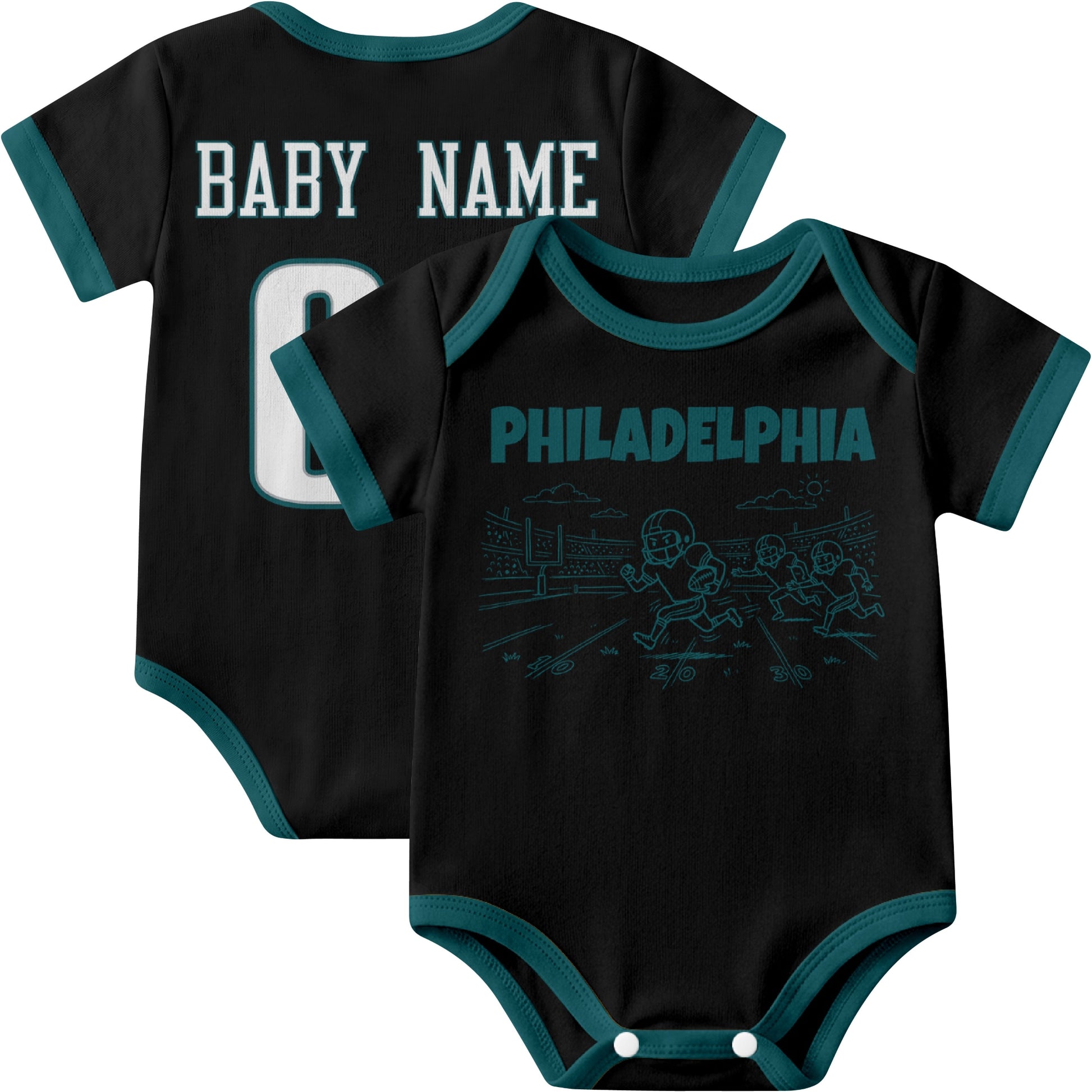 Philadelphia personalized baby football bodysuit in Black showing front field action scene and back custom baby name and number