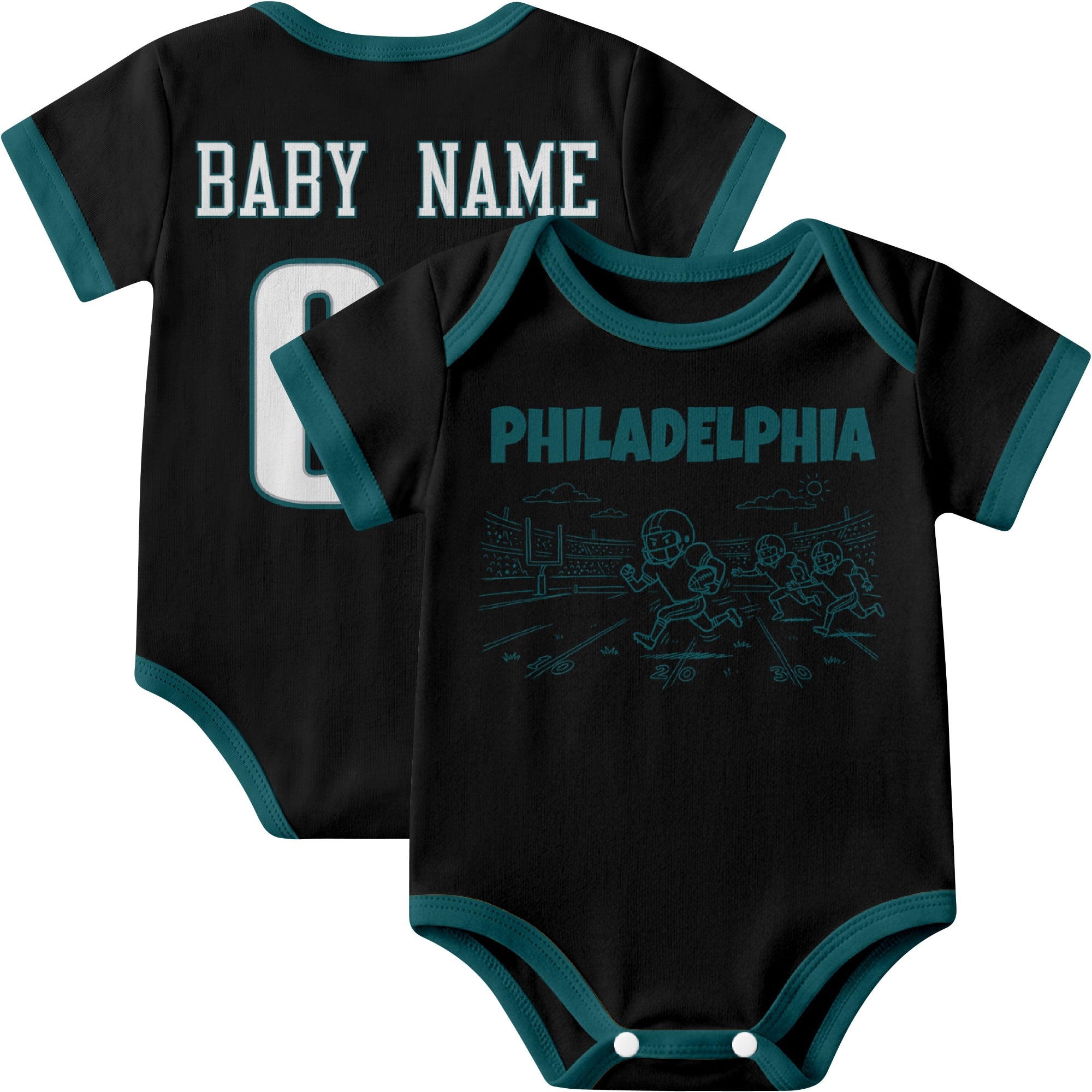 Philadelphia personalized baby football bodysuit in Black showing front field action scene and back custom baby name and number