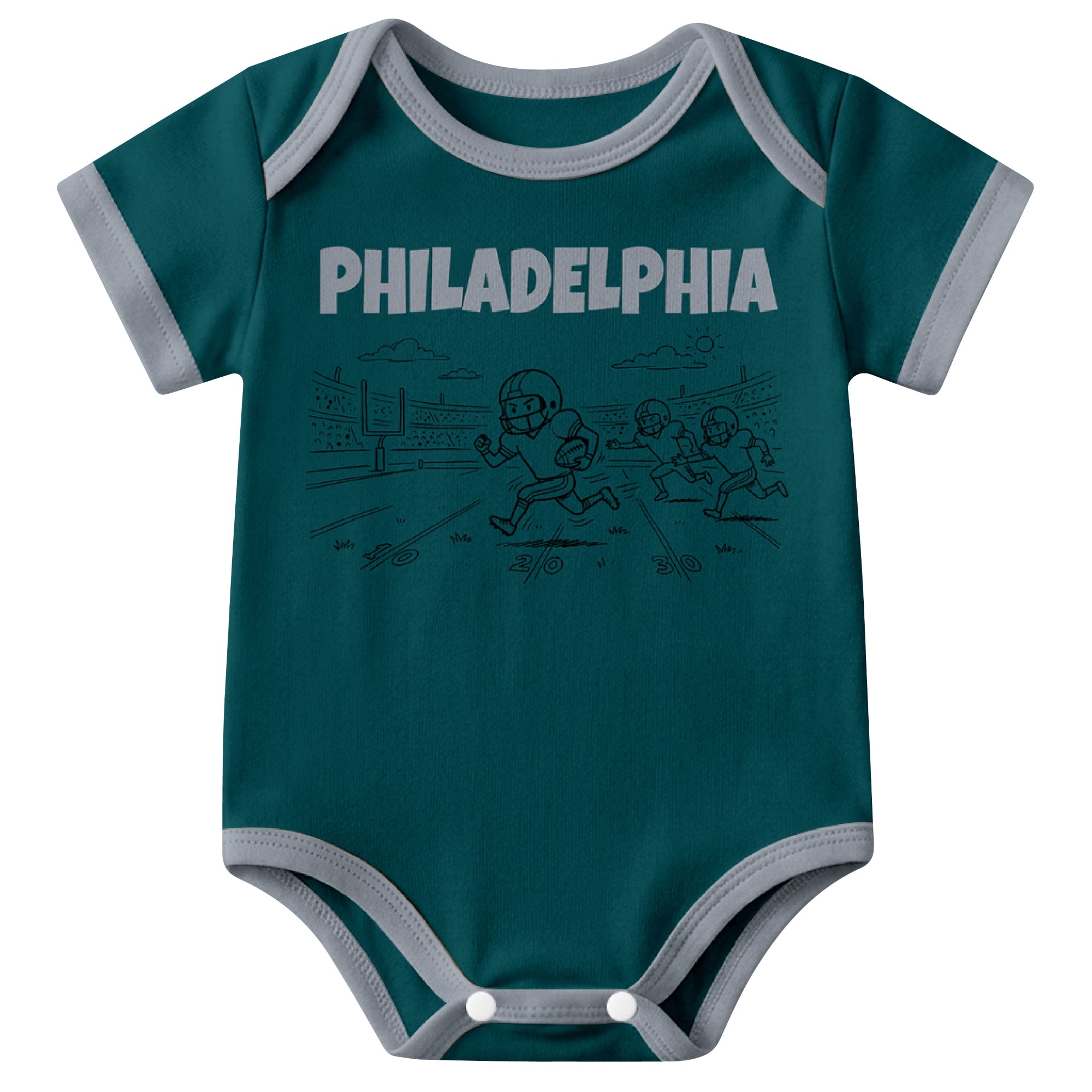 Philadelphia Midnight Green baby football bodysuit front view with city lettering and football field action graphic