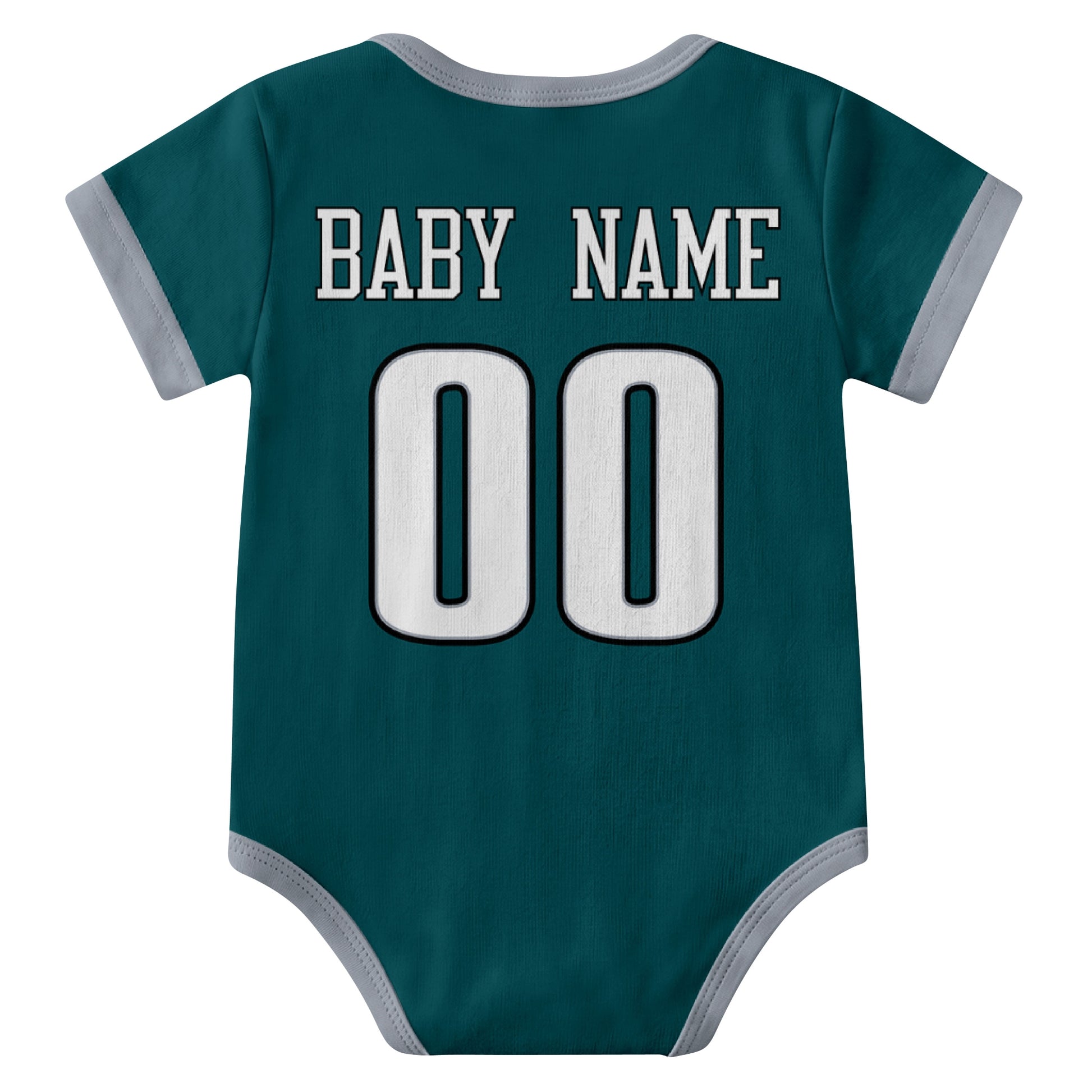 Philadelphia Midnight Green personalized baby football bodysuit back view with custom baby name and jersey number