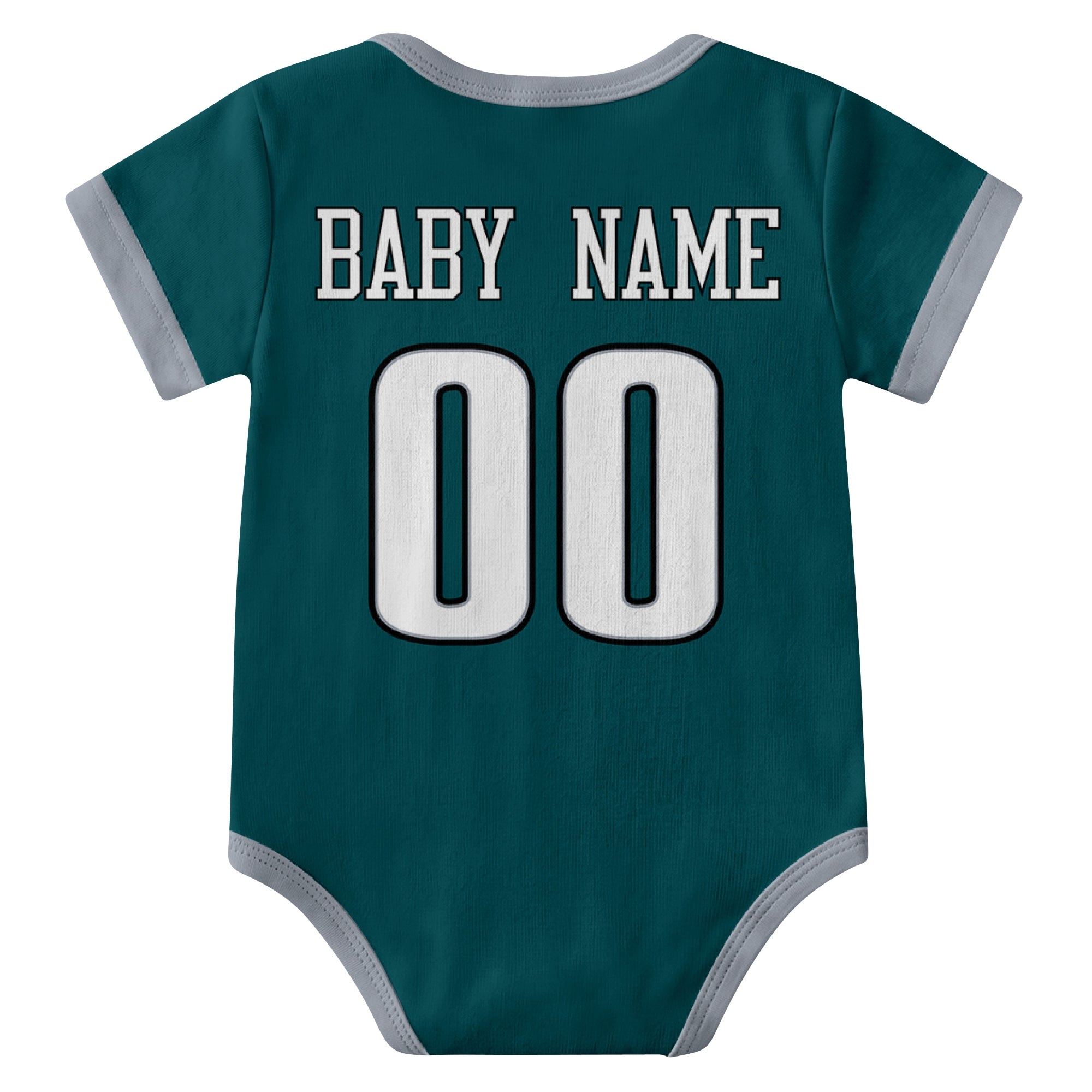 Philadelphia Midnight Green personalized baby football bodysuit back view with custom baby name and jersey number