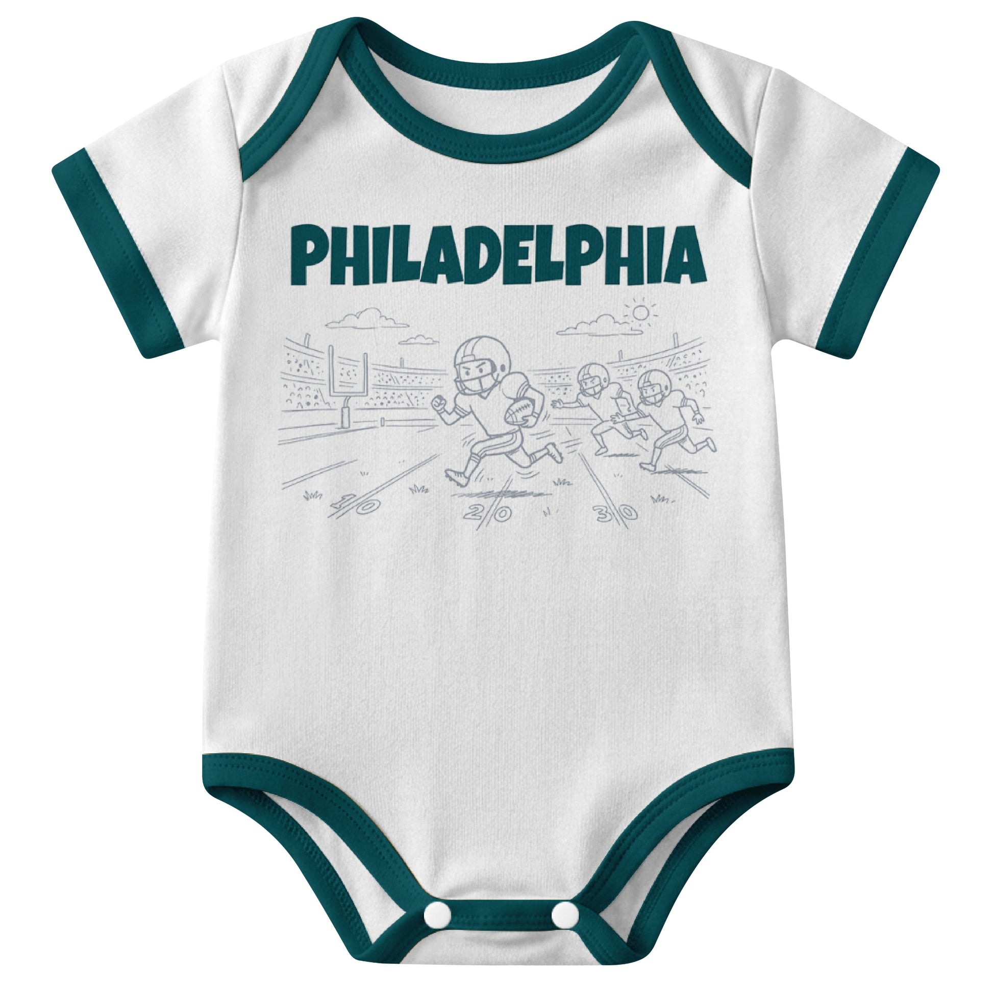 Philadelphia White baby football bodysuit front view with city lettering and football field action graphic