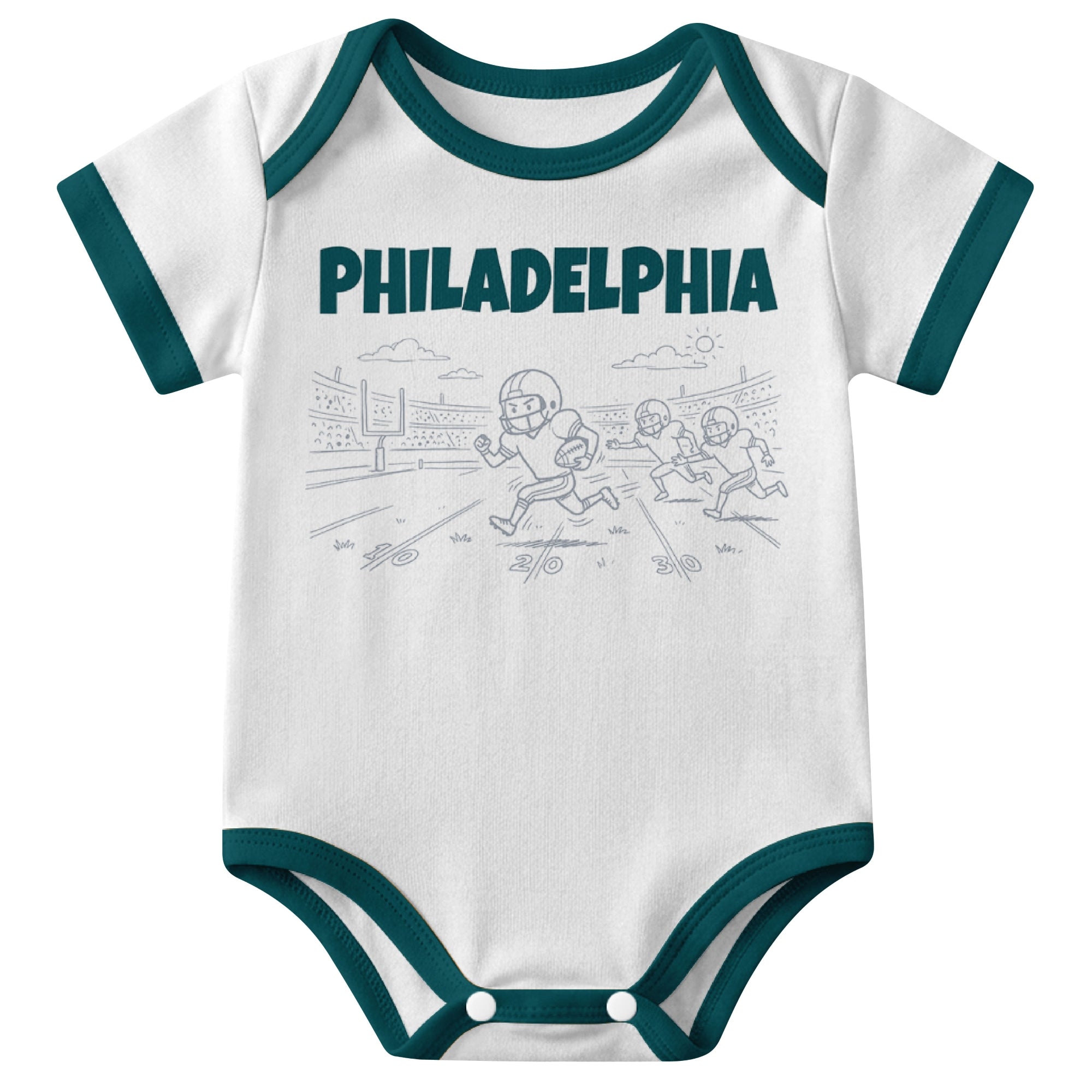 Philadelphia White baby football bodysuit front view with city lettering and football field action graphic