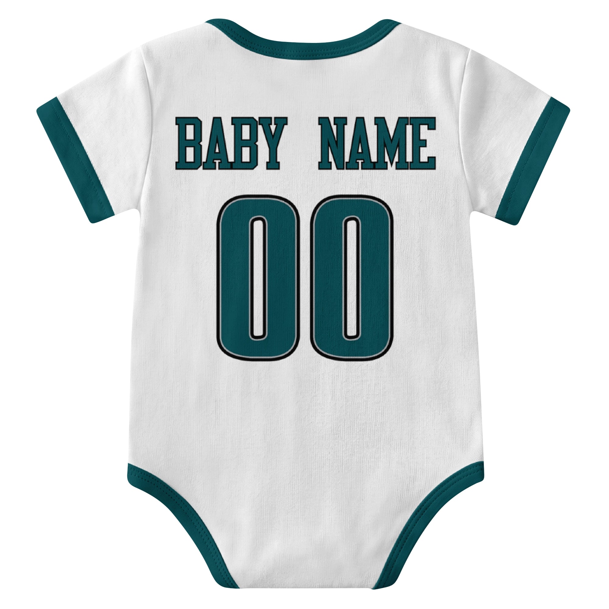 Philadelphia White personalized baby football bodysuit back view with custom baby name and jersey number