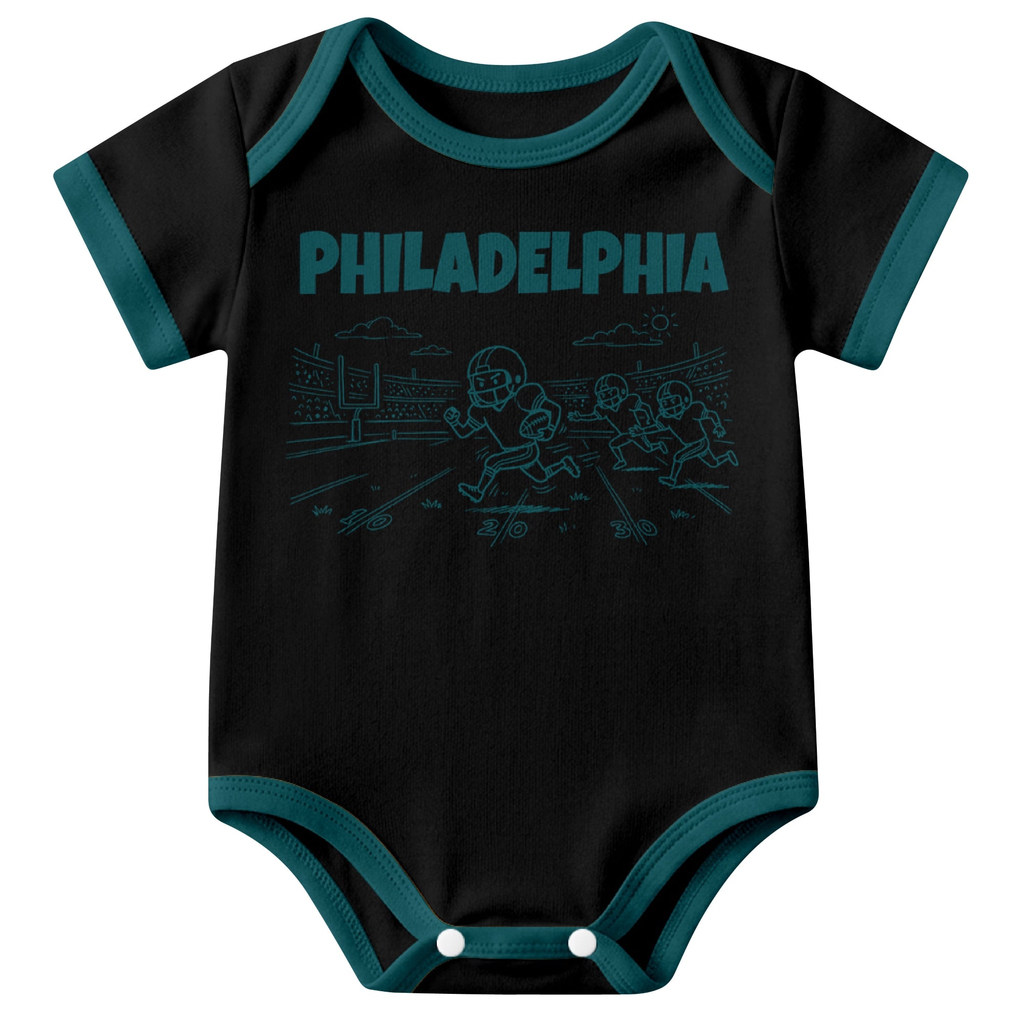 Philadelphia Black baby football bodysuit front view with city lettering and football field action graphic
