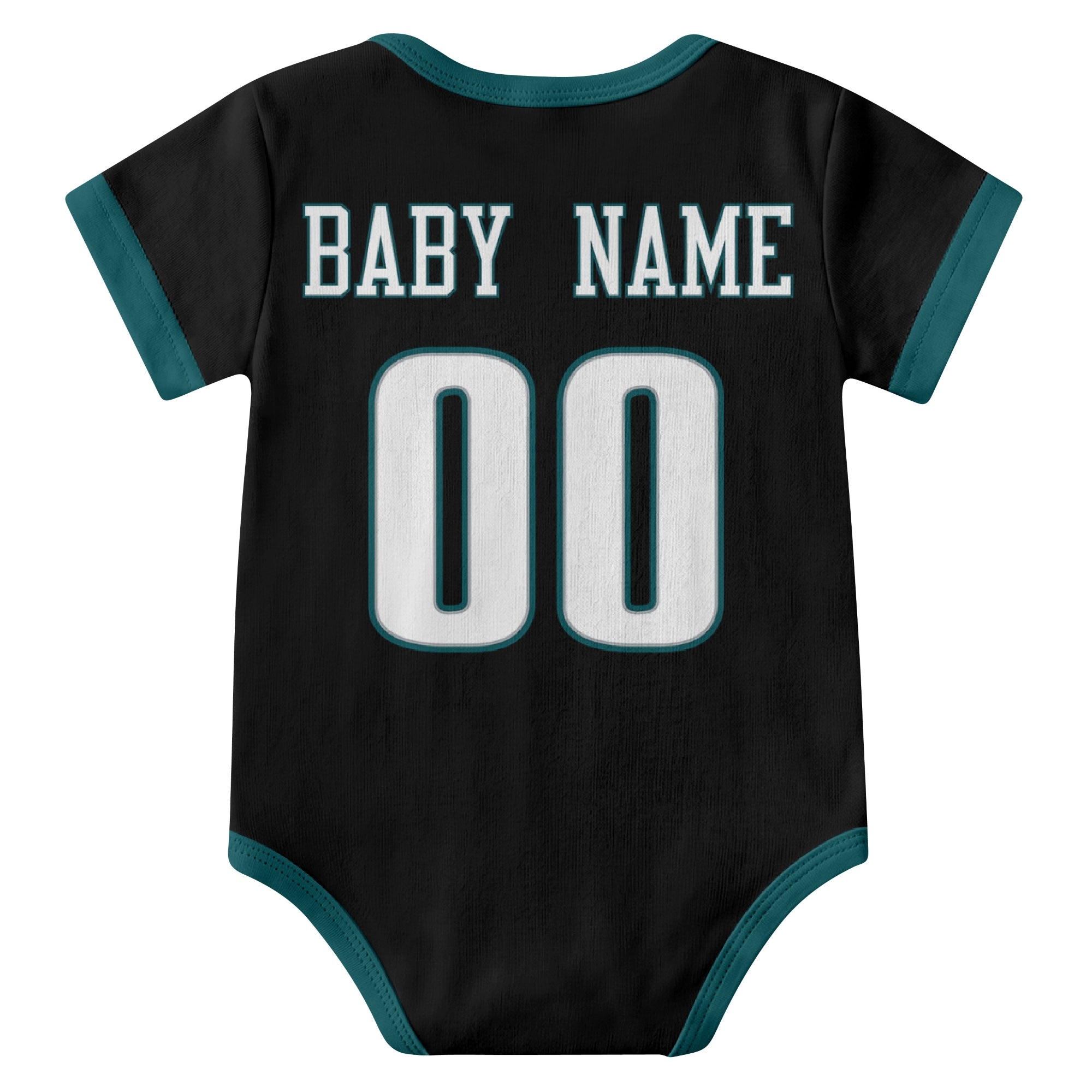 Philadelphia Black personalized baby football bodysuit back view with custom baby name and jersey number