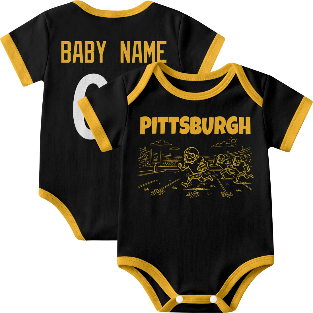 Pittsburgh personalized baby football bodysuit in Black showing front field action scene and back custom baby name and number
