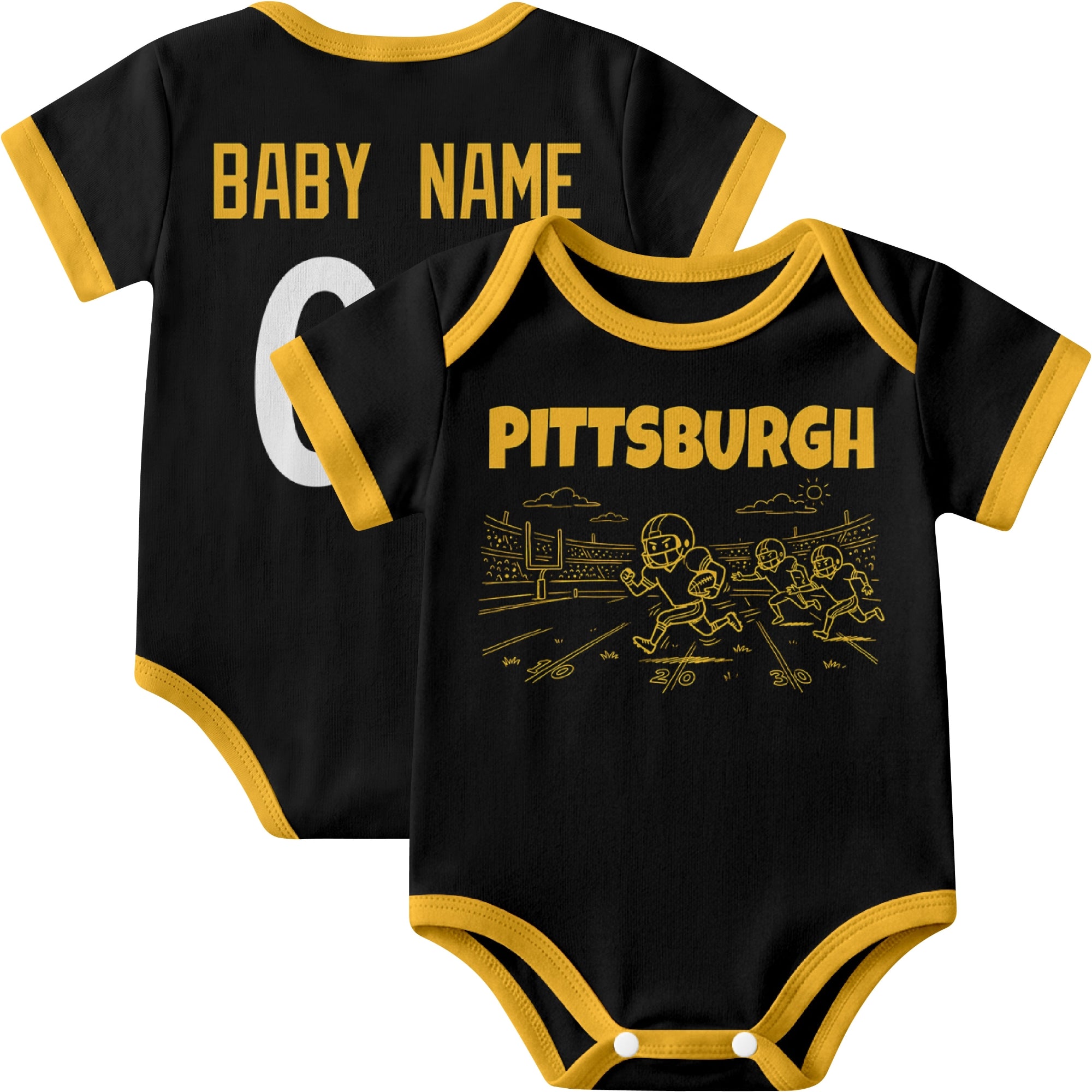 Pittsburgh personalized baby football bodysuit in Black showing front field action scene and back custom baby name and number