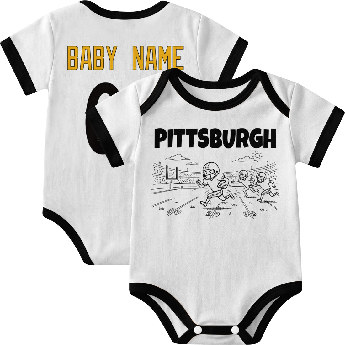 Pittsburgh personalized baby football bodysuit in Black showing front field action scene and back custom baby name and number