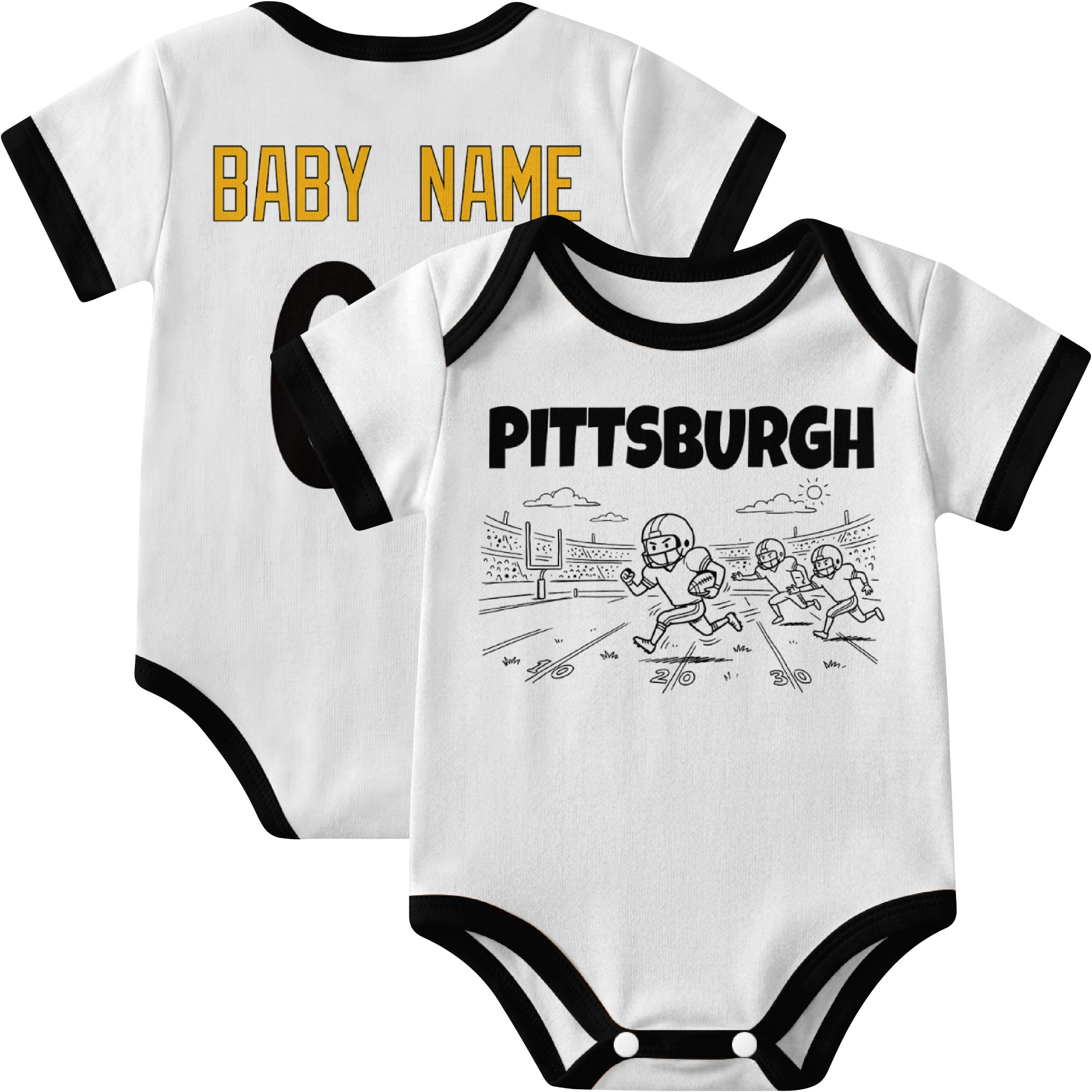 Pittsburgh personalized baby football bodysuit in White showing front field action scene and back custom baby name and number