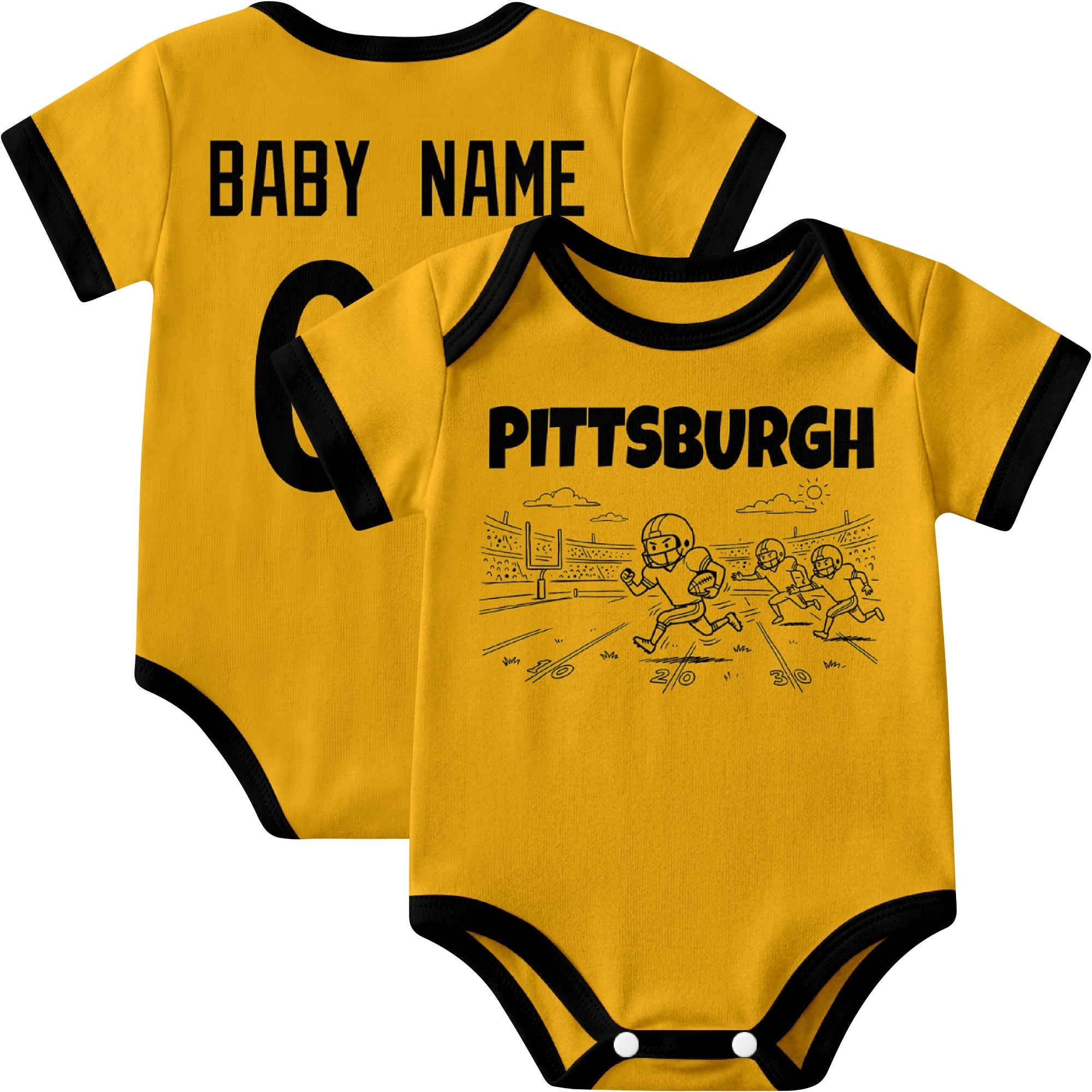 Pittsburgh personalized baby football bodysuit in Gold showing front field action scene and back custom baby name and number