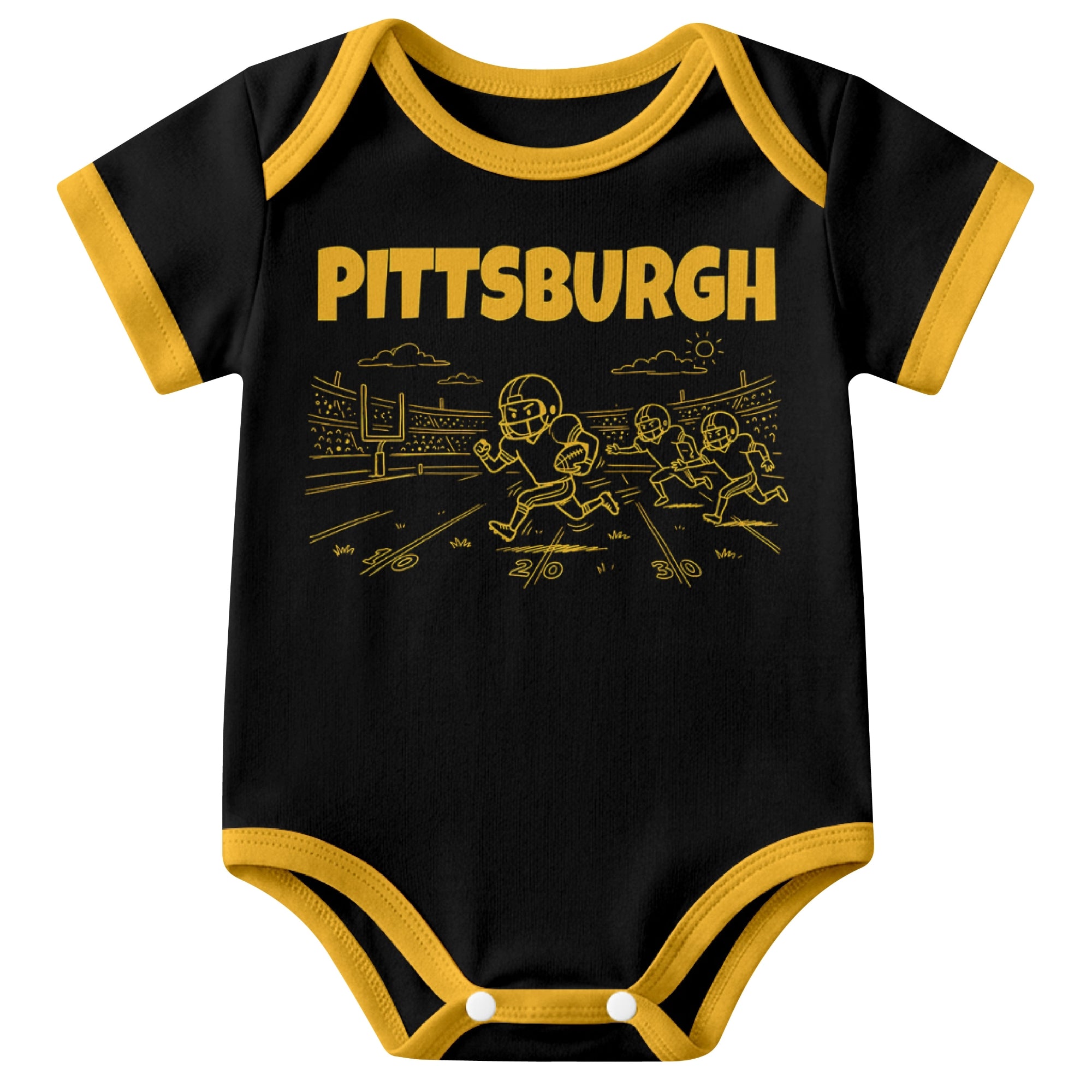 Pittsburgh Black baby football bodysuit front view with city lettering and football field action graphic