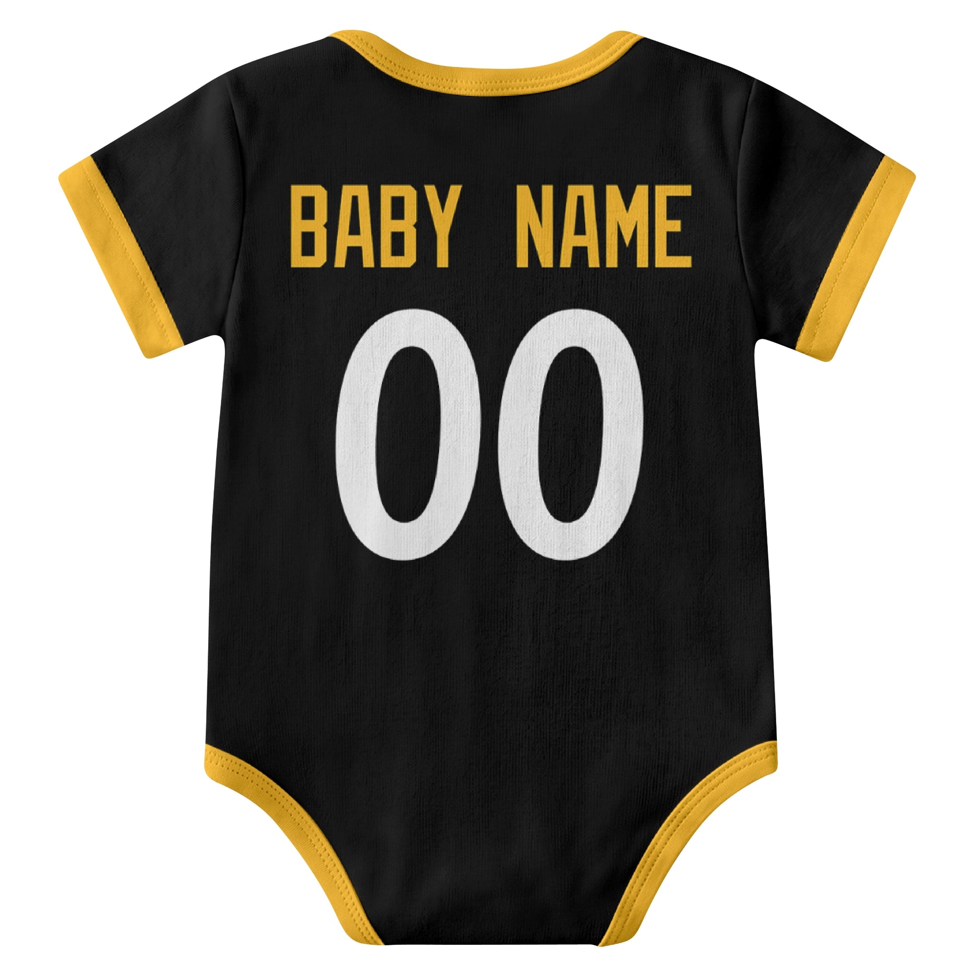 Pittsburgh Black personalized baby football bodysuit back view with custom baby name and jersey number