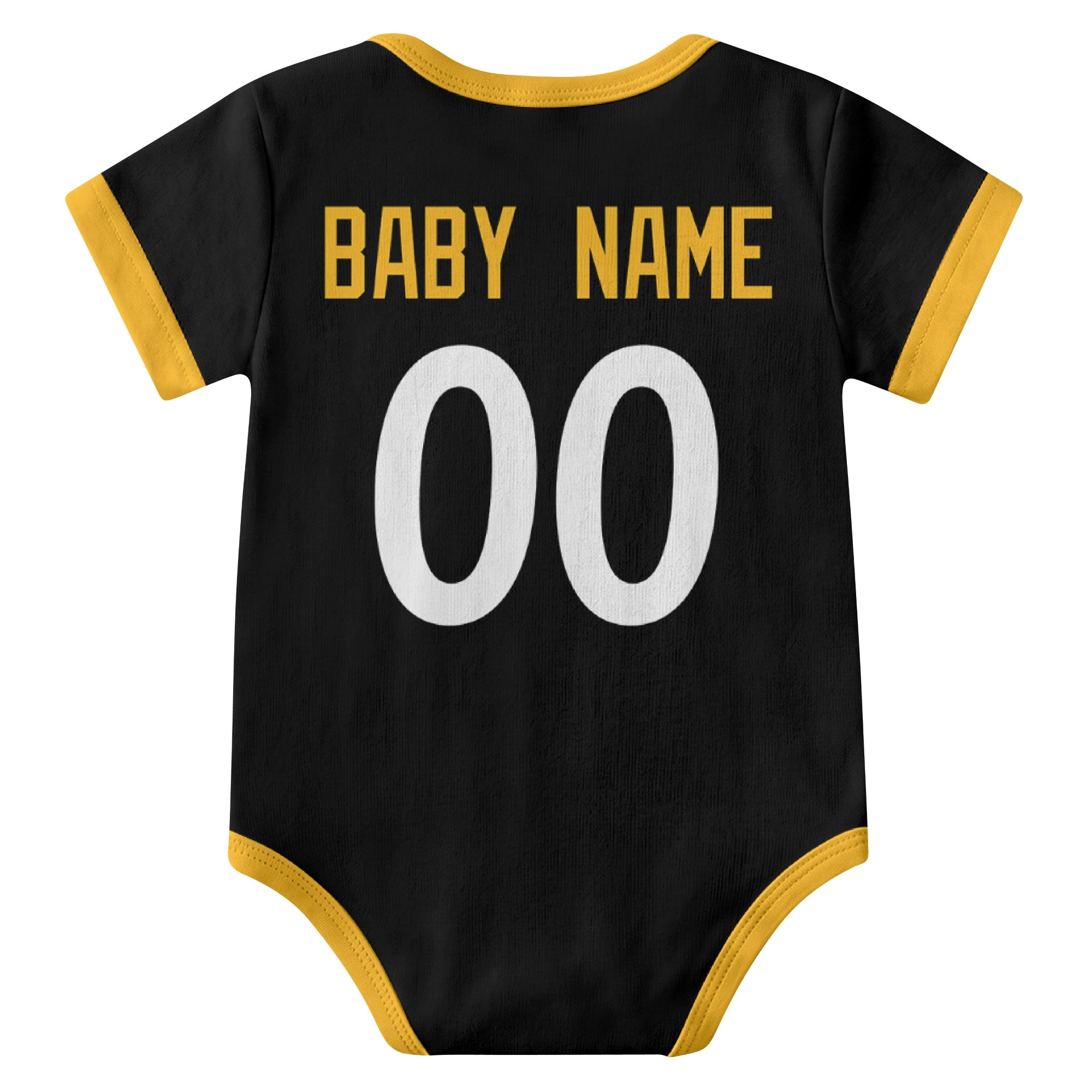 Pittsburgh Black personalized baby football bodysuit back view with custom baby name and jersey number
