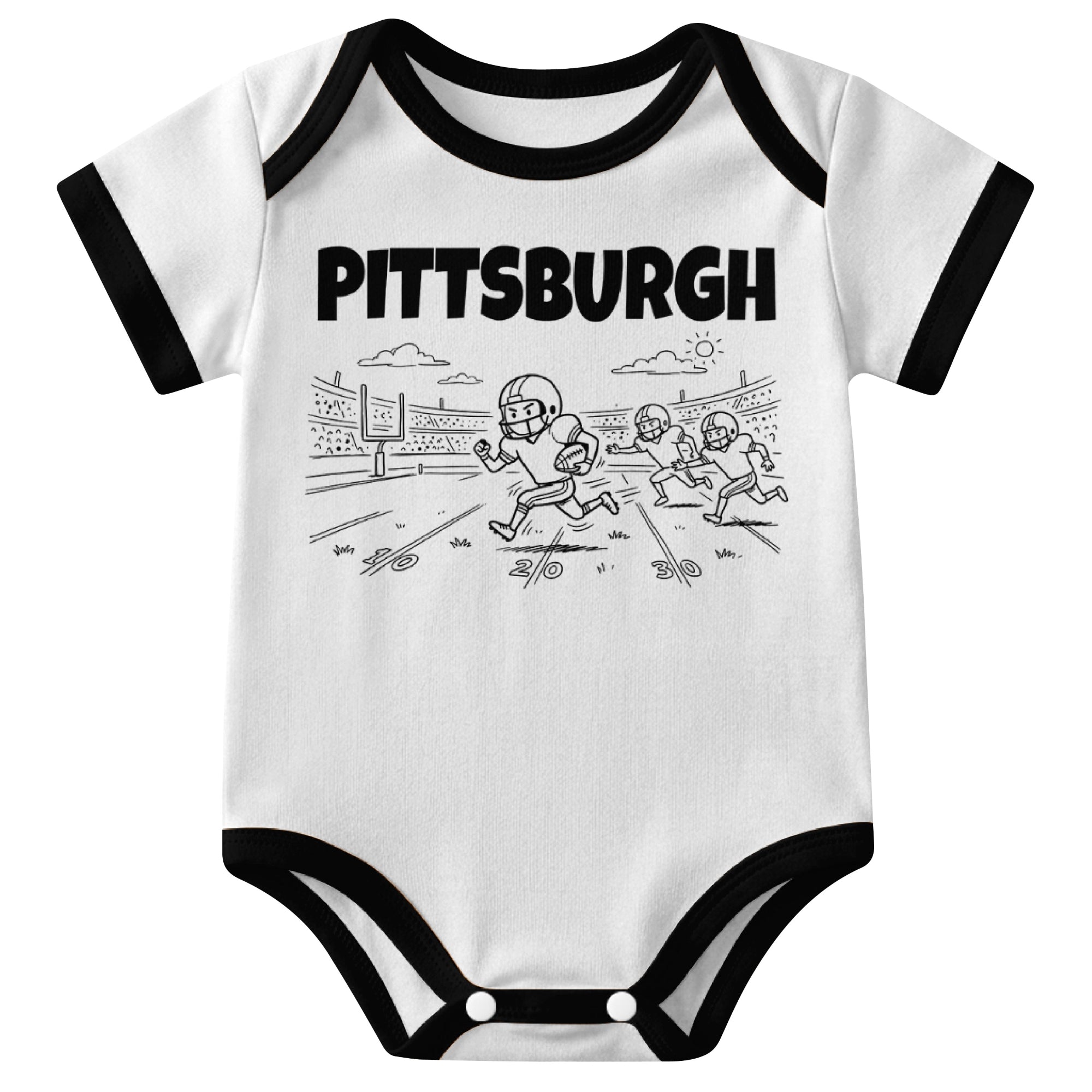 Pittsburgh White baby football bodysuit front view with city lettering and football field action graphic