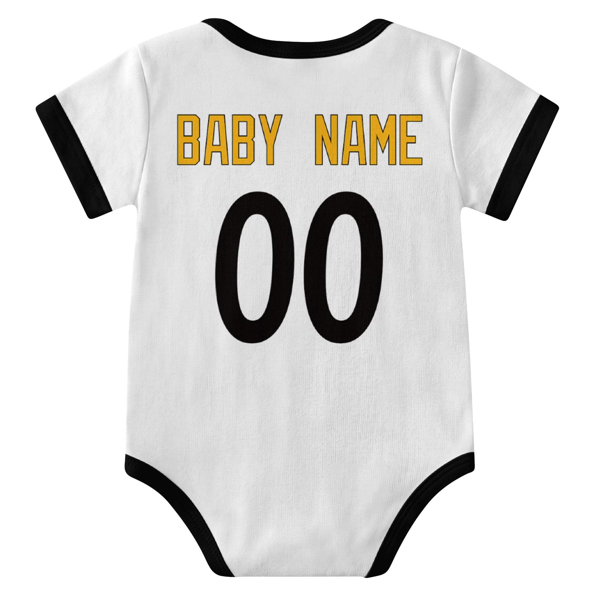 Pittsburgh White personalized baby football bodysuit back view with custom baby name and jersey number