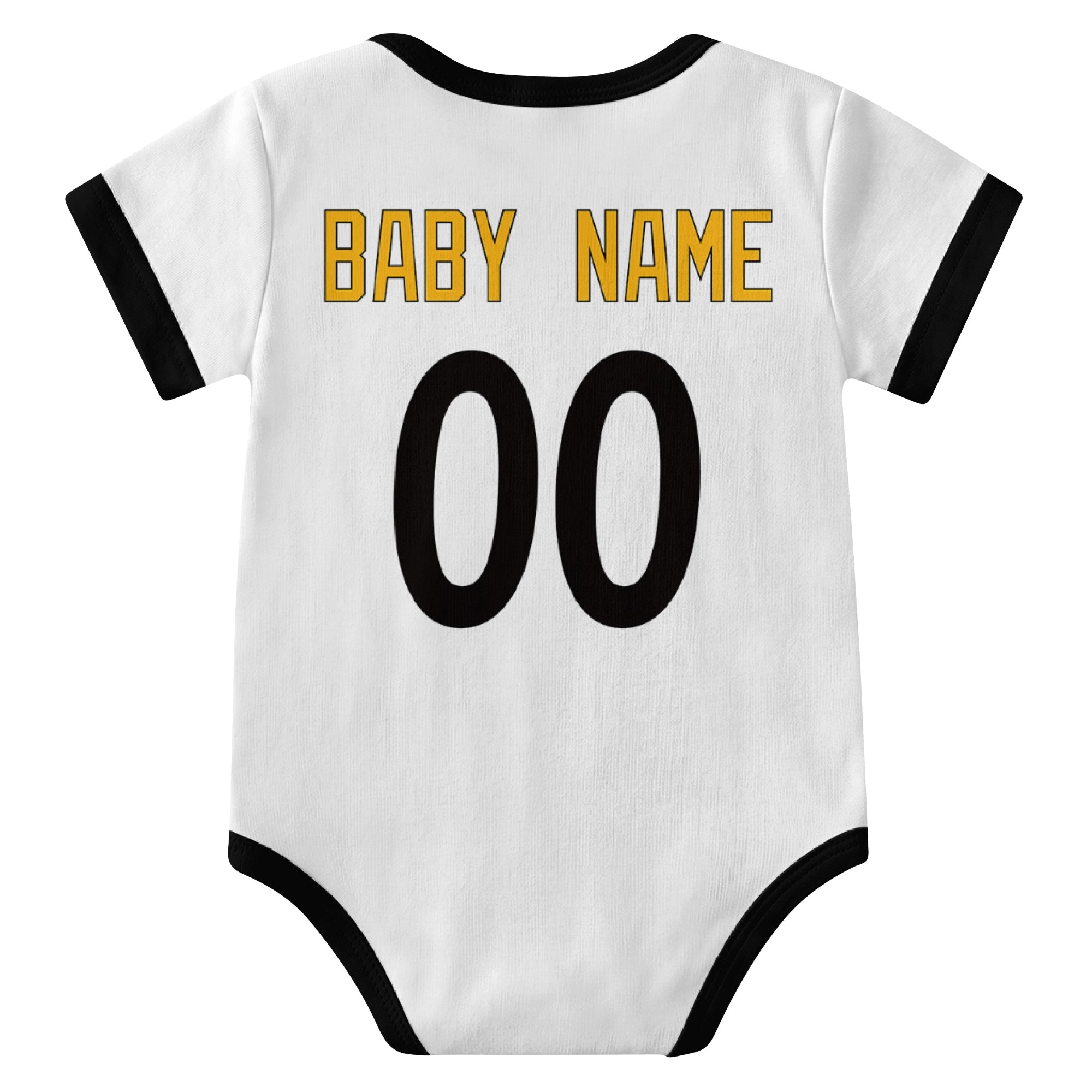 Pittsburgh White personalized baby football bodysuit back view with custom baby name and jersey number