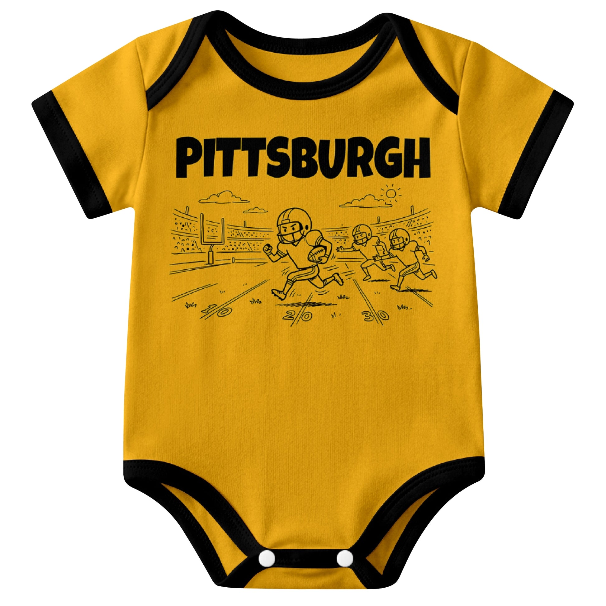 Pittsburgh Gold baby football bodysuit front view with city lettering and football field action graphic