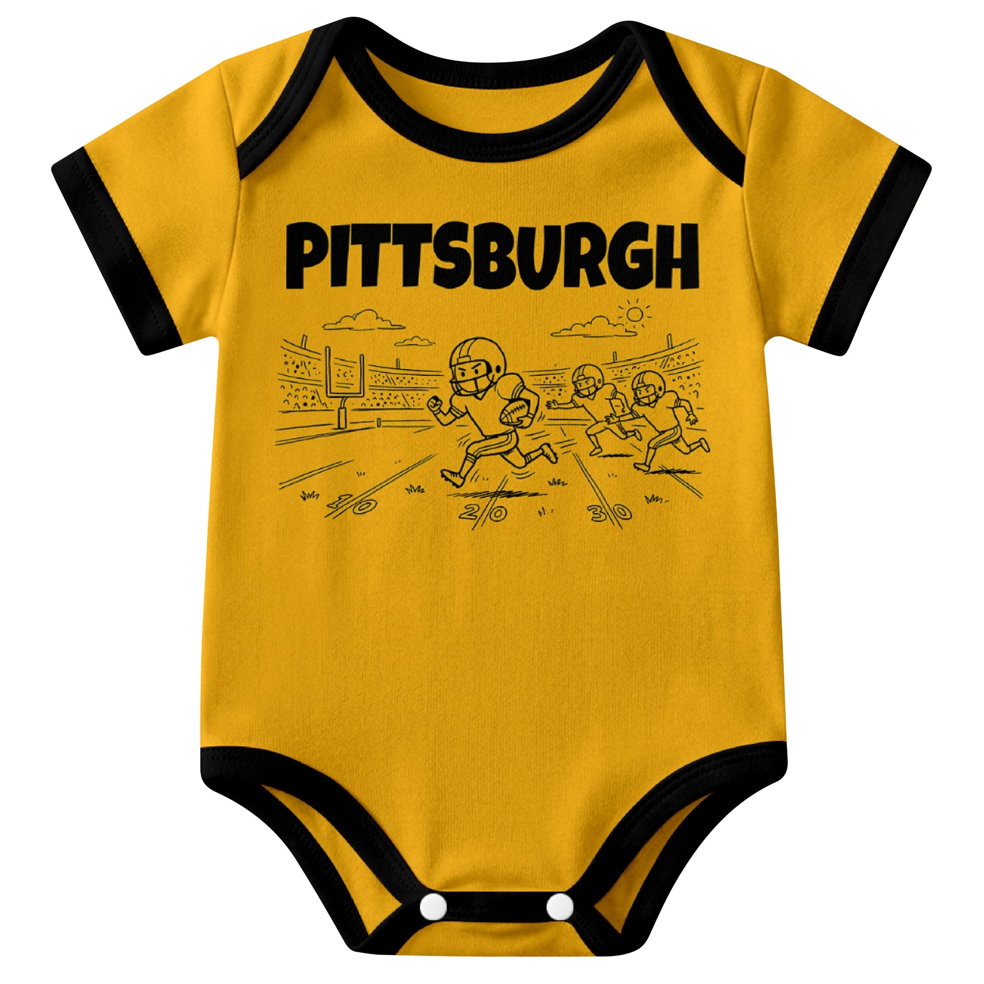 Pittsburgh Gold baby football bodysuit front view with city lettering and football field action graphic