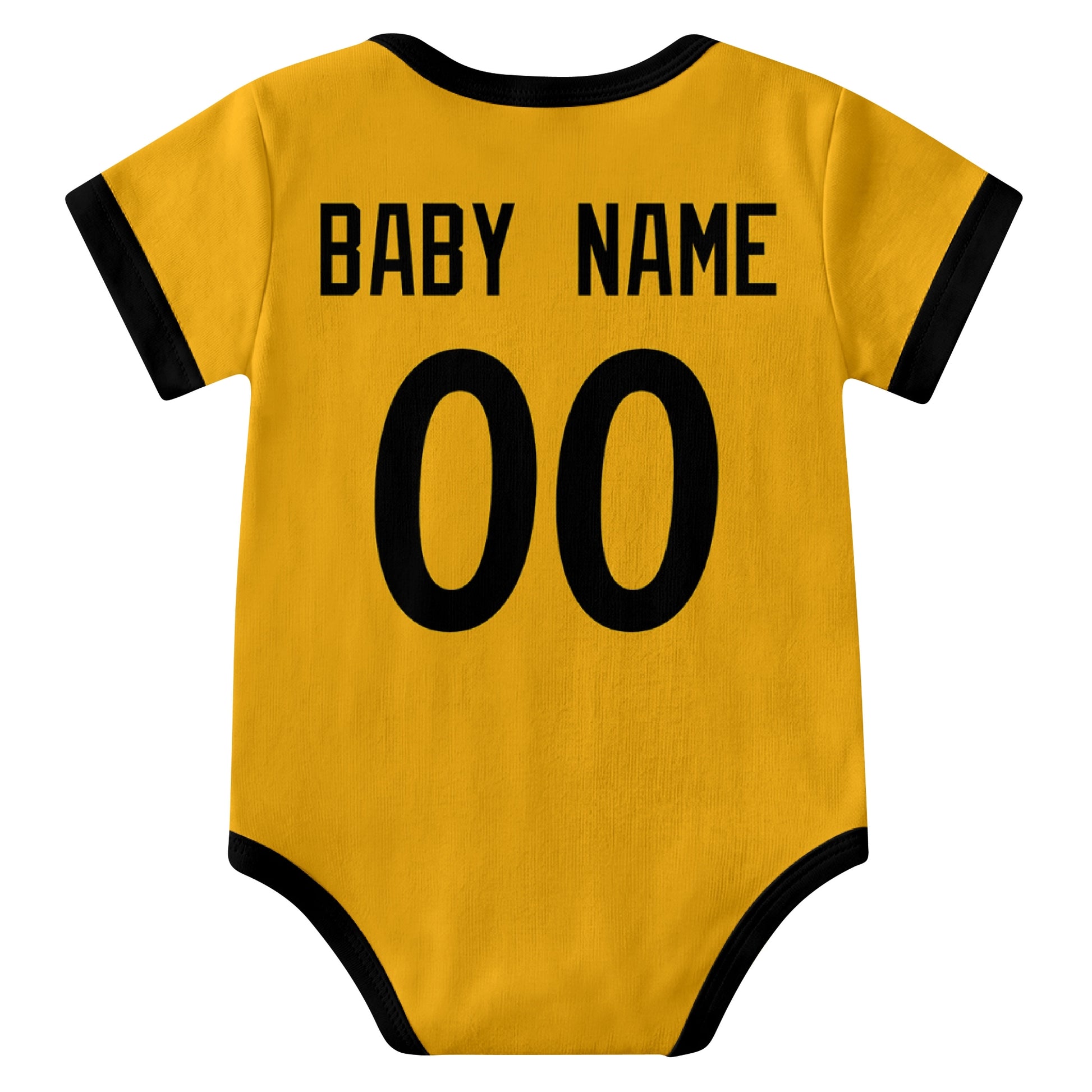 Pittsburgh Gold personalized baby football bodysuit back view with custom baby name and jersey number