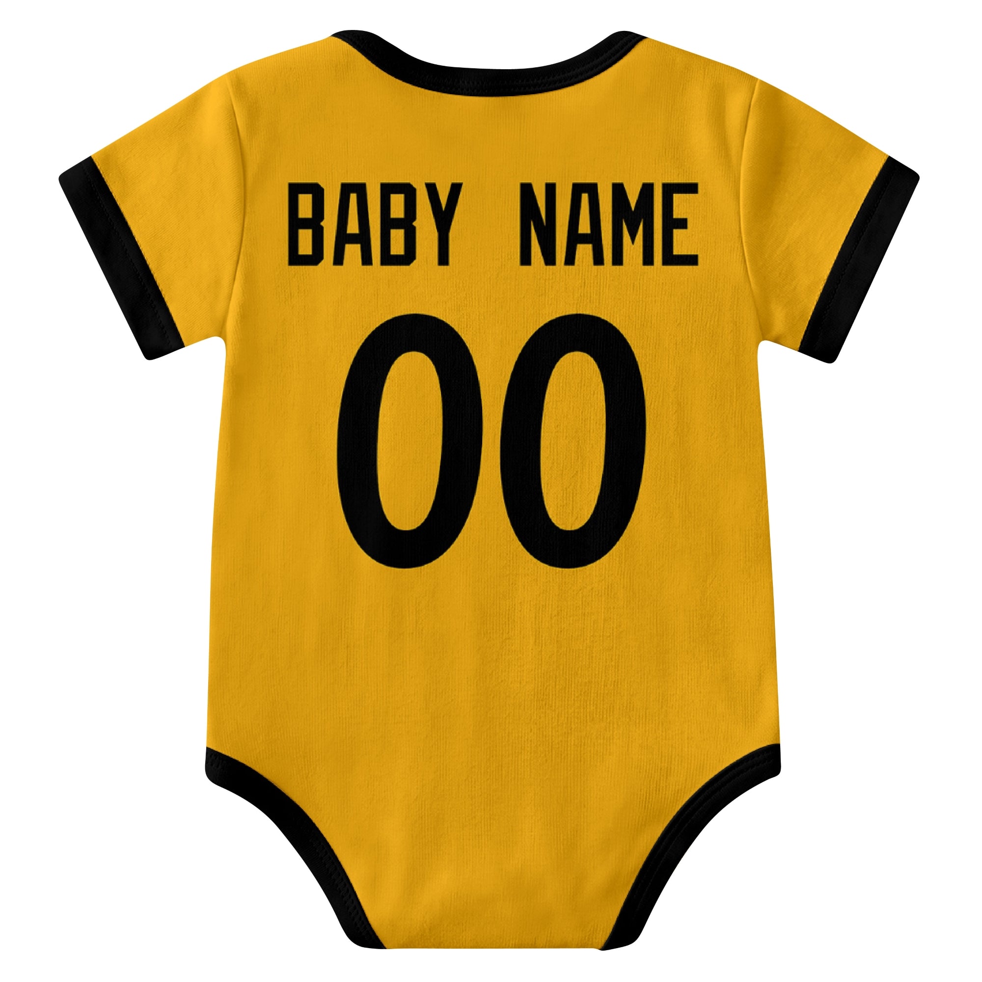 Pittsburgh Gold personalized baby football bodysuit back view with custom baby name and jersey number