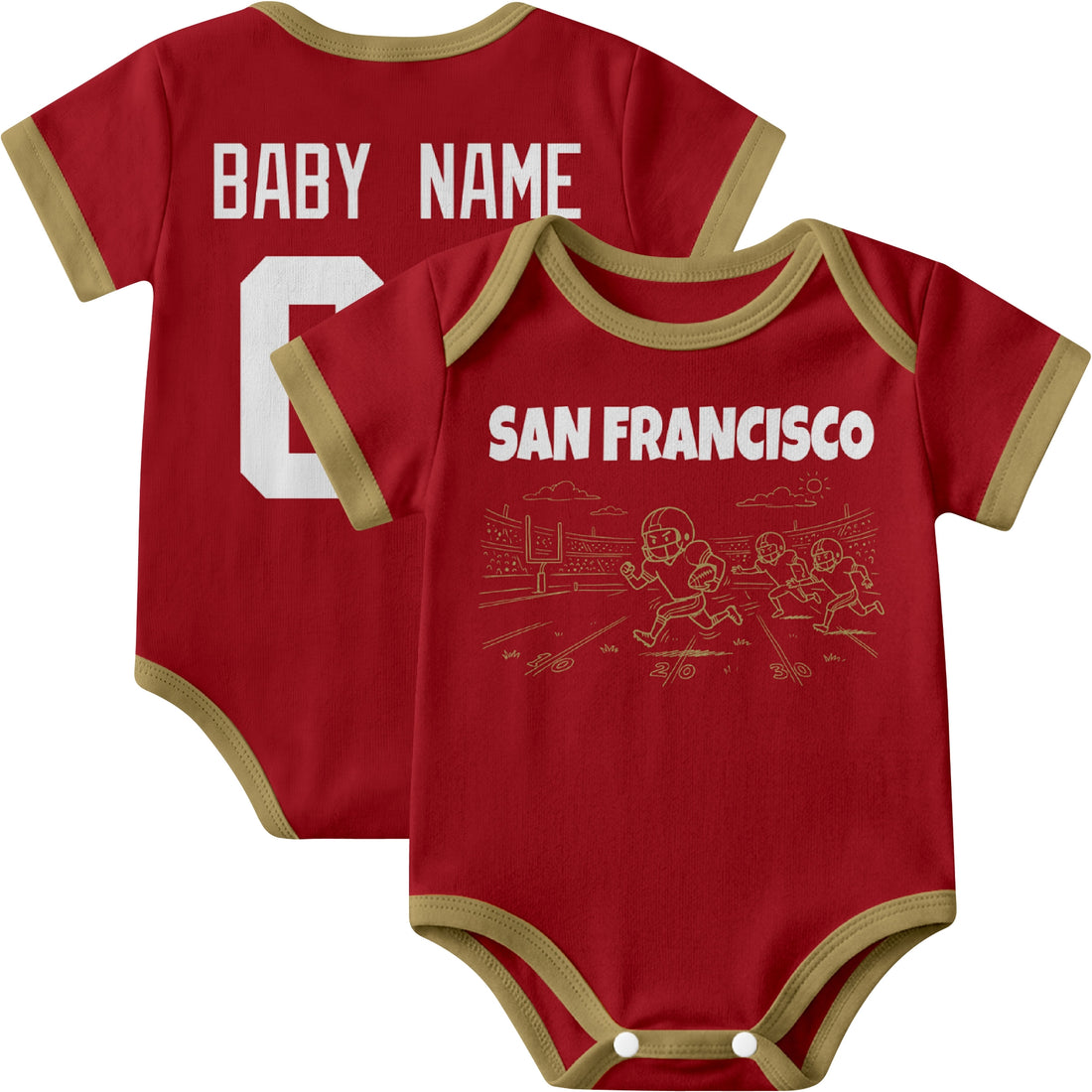 San Francisco personalized baby football bodysuit in Scarlet showing front field action scene and back custom baby name and number