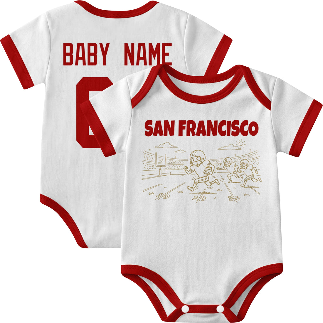 San Francisco personalized baby football bodysuit in Scarlet showing front field action scene and back custom baby name and number