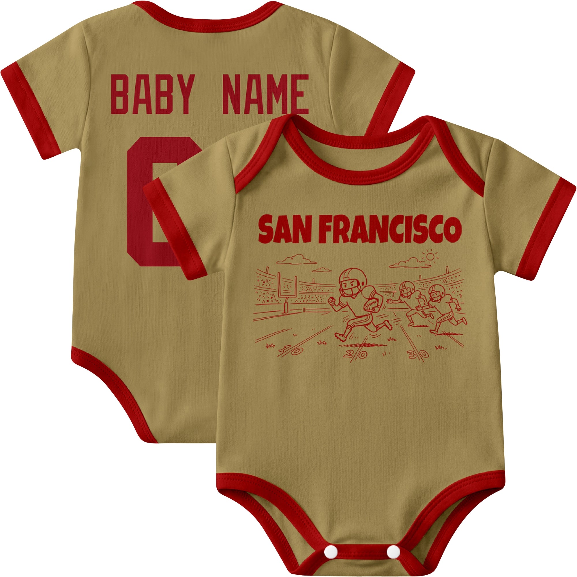 San Francisco personalized baby football bodysuit in Gold showing front field action scene and back custom baby name and number