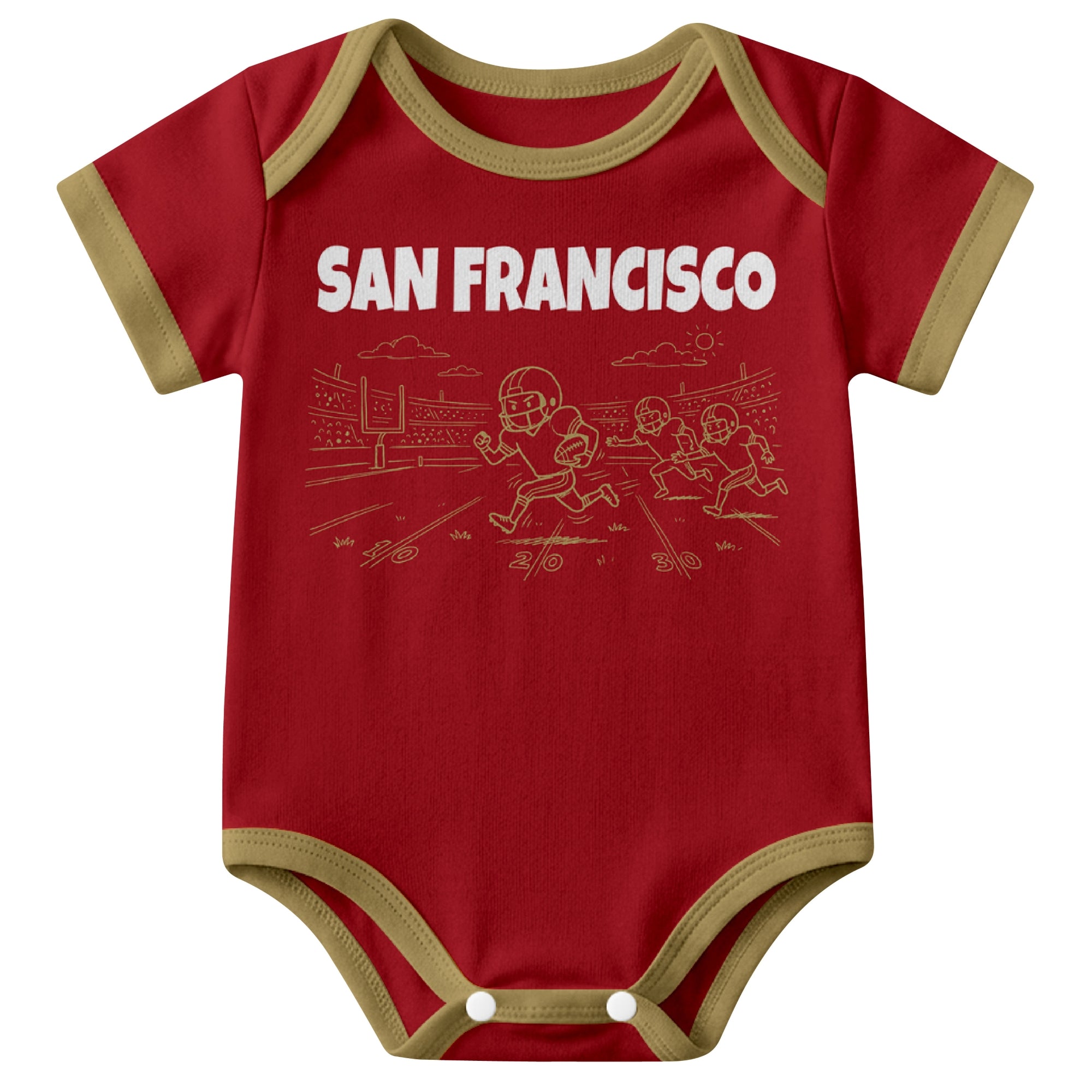 San Francisco Scarlet baby football bodysuit front view with city lettering and football field action graphic