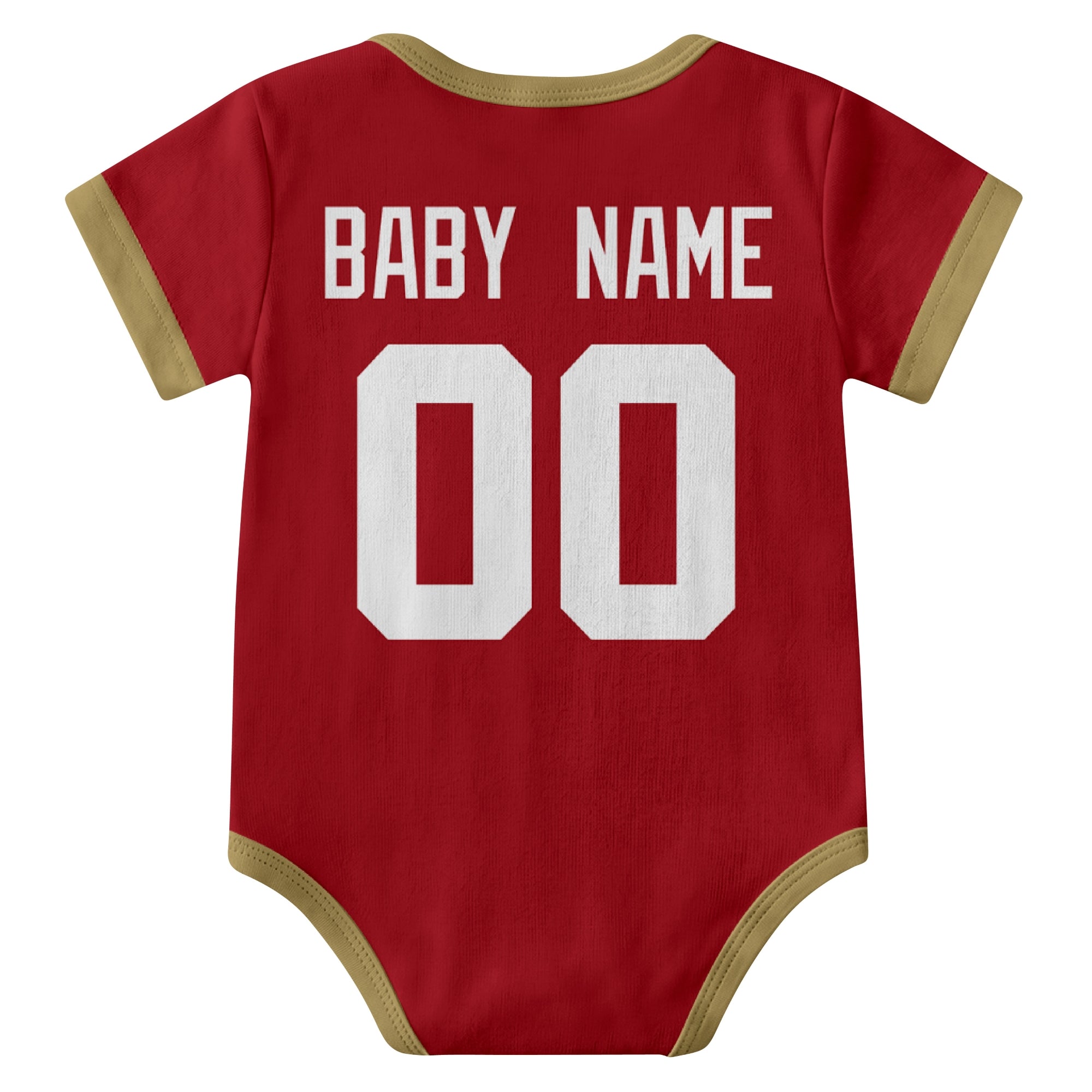 San Francisco Scarlet personalized baby football bodysuit back view with custom baby name and jersey number