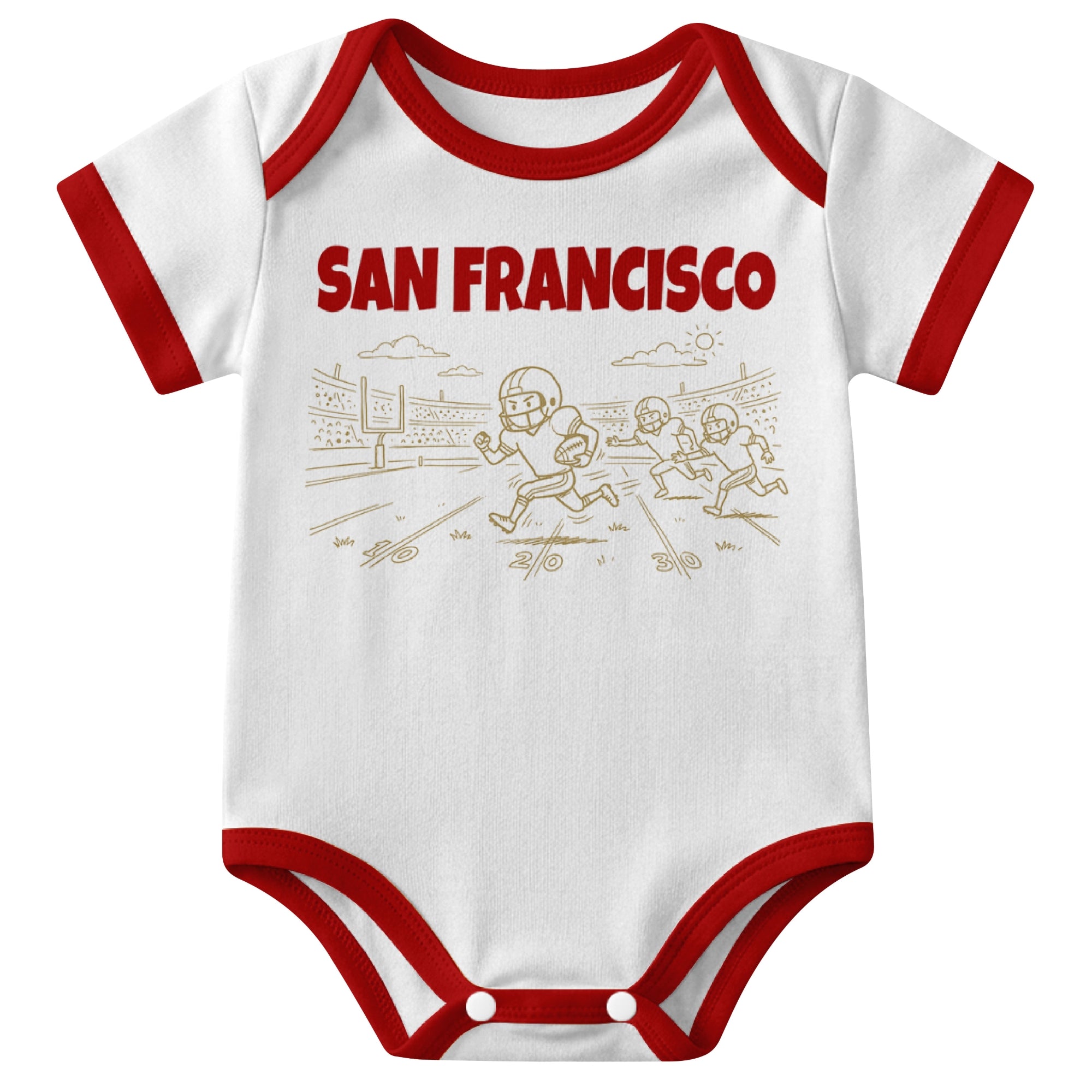 San Francisco White baby football bodysuit front view with city lettering and football field action graphic