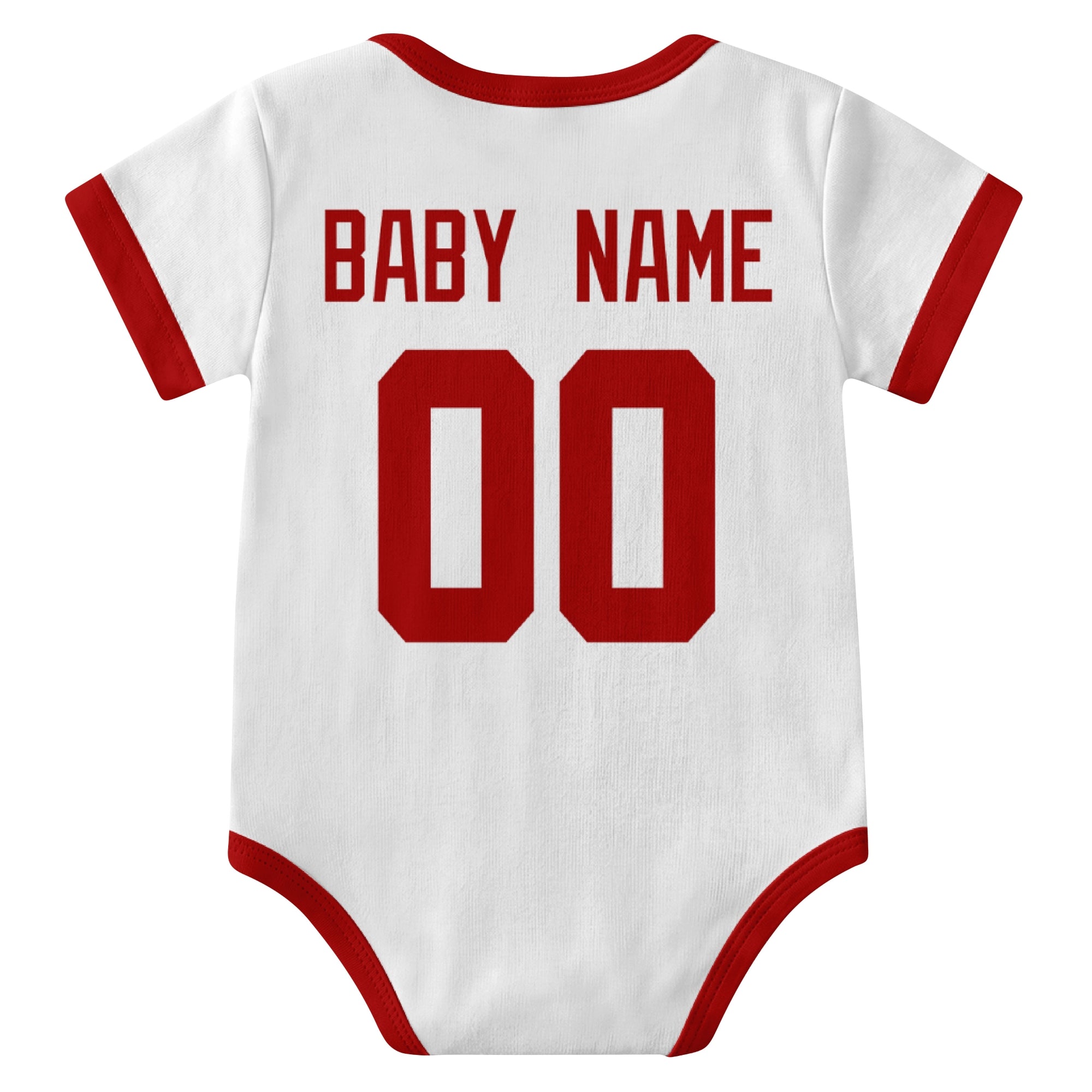 San Francisco White personalized baby football bodysuit back view with custom baby name and jersey number
