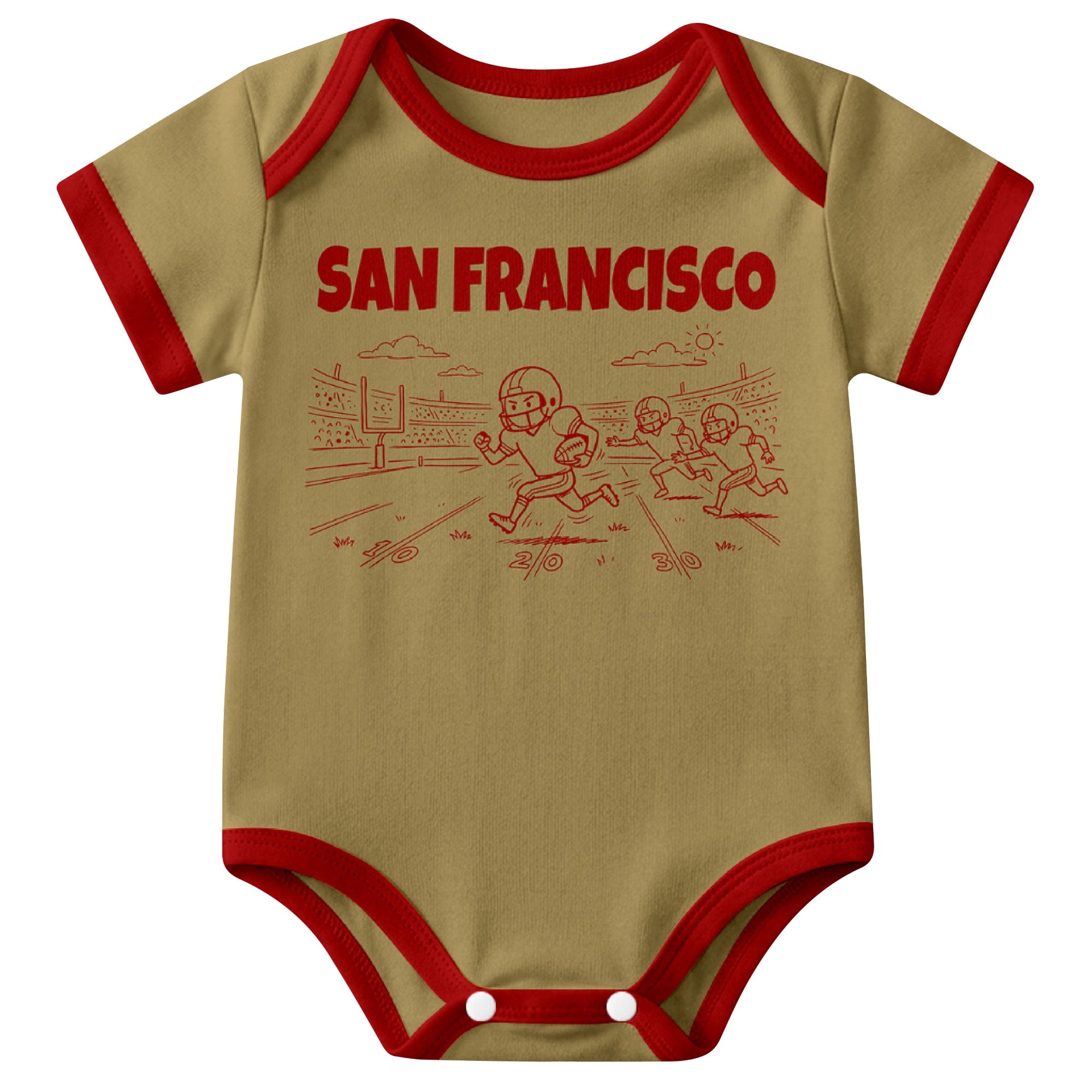 San Francisco Gold baby football bodysuit front view with city lettering and football field action graphic