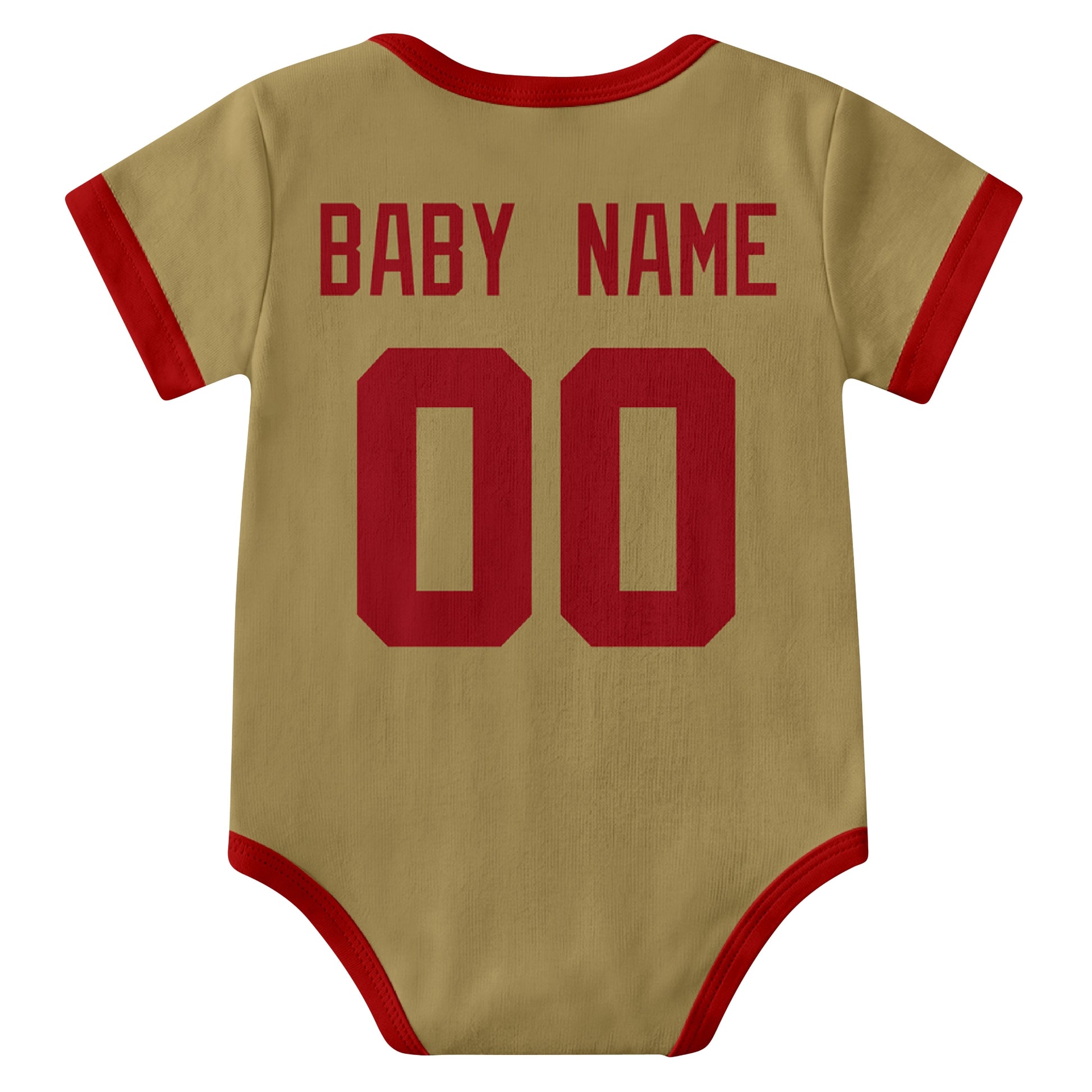 San Francisco Gold personalized baby football bodysuit back view with custom baby name and jersey number