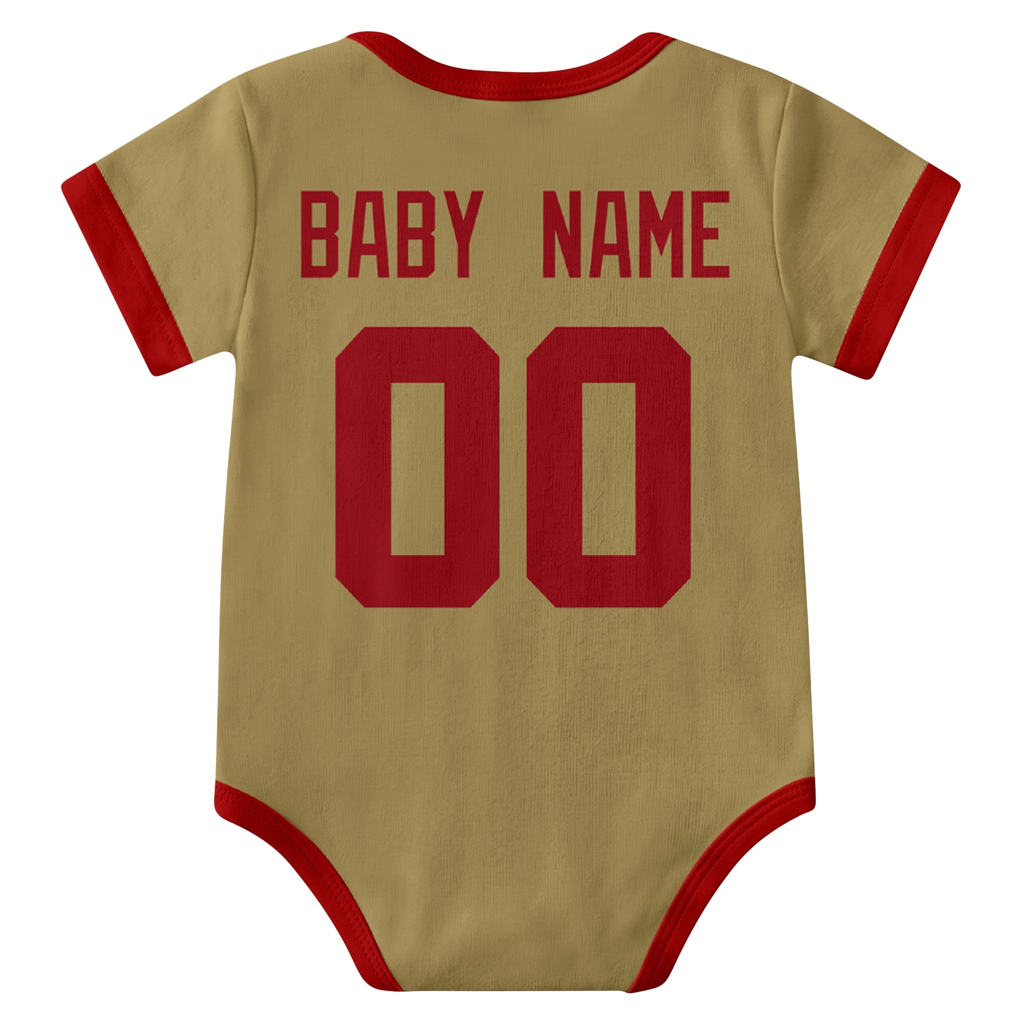 San Francisco Gold personalized baby football bodysuit back view with custom baby name and jersey number