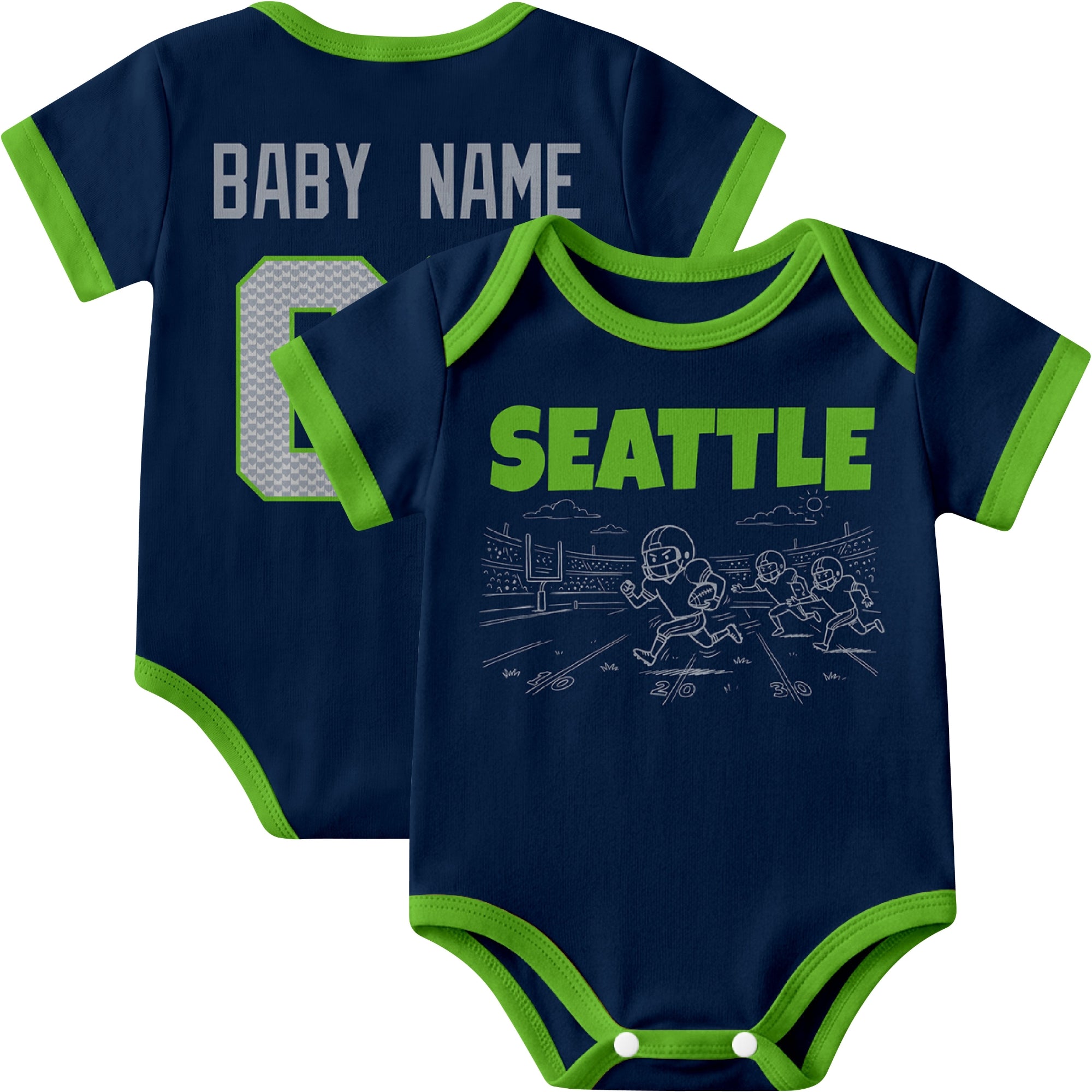 Seattle personalized baby football bodysuit in Navy showing front field action scene and back custom baby name and number