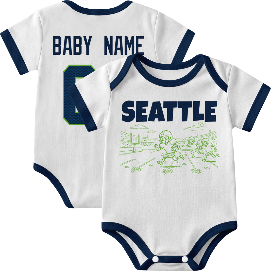 Seattle personalized baby football bodysuit in Navy showing front field action scene and back custom baby name and number