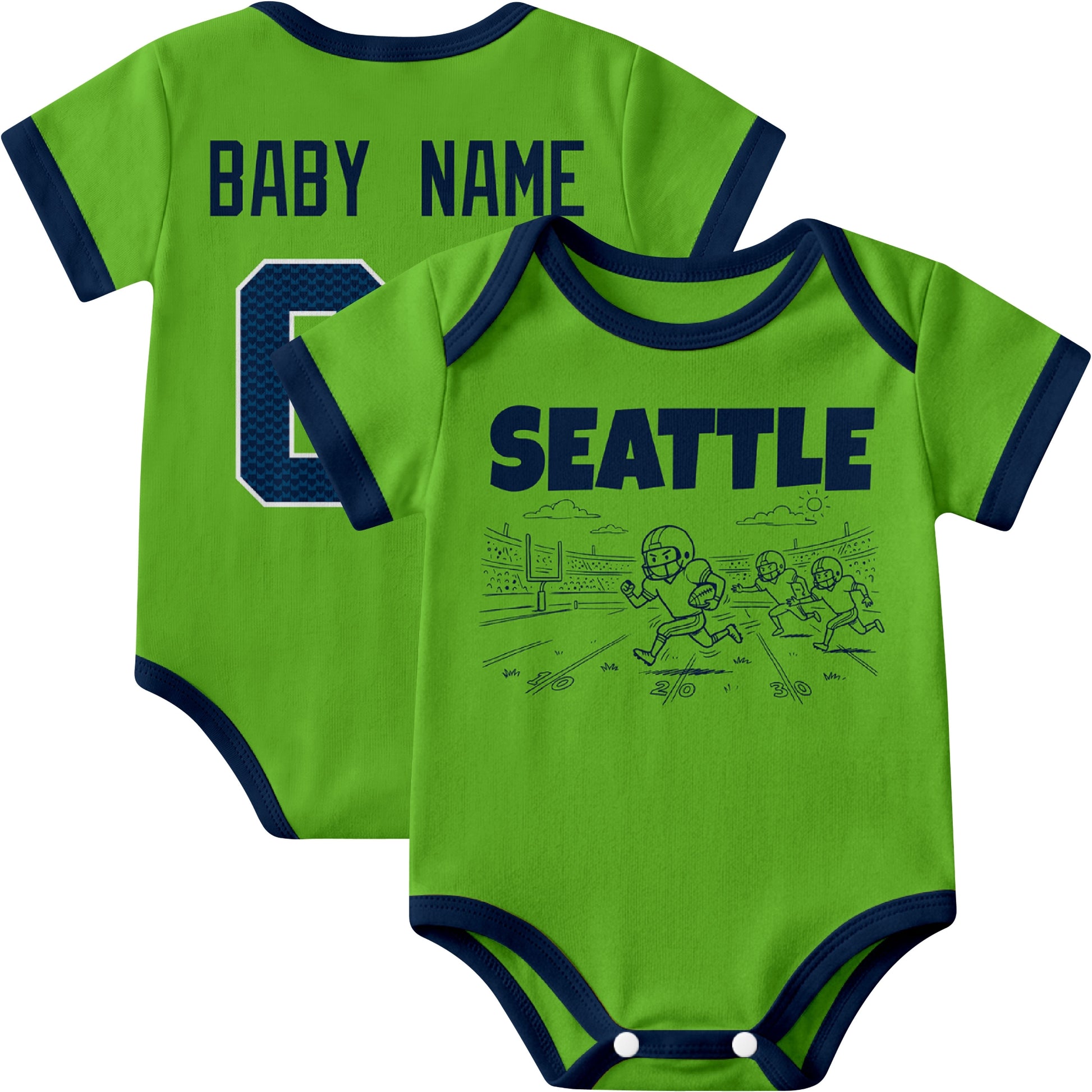 Seattle personalized baby football bodysuit in Neon Green showing front field action scene and back custom baby name and number