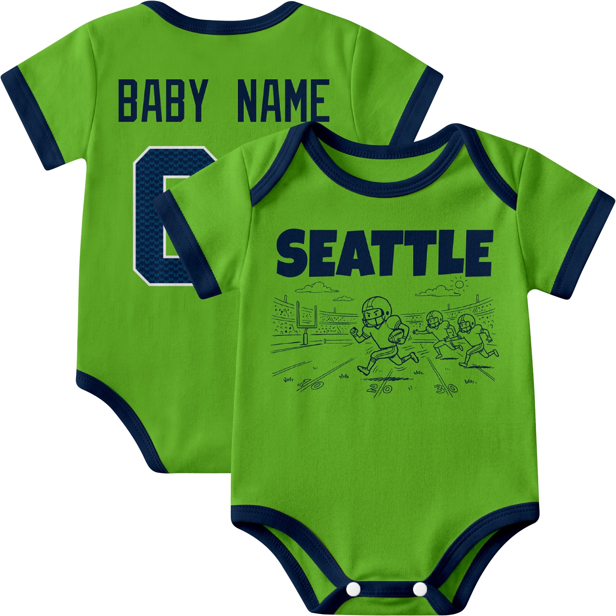 Seattle personalized baby football bodysuit in Neon Green showing front field action scene and back custom baby name and number